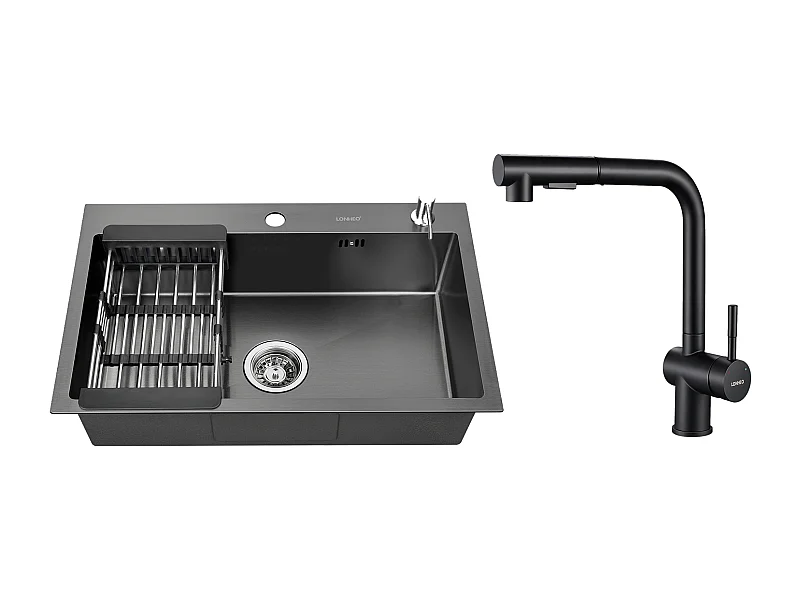2 en 1 Fregadero de Cocina Negro 68x45x19CM con Distributor de Jabón y Escurridor Cesta + GrifoT de Cocina Negra Ducha Extragible de 2 Jets