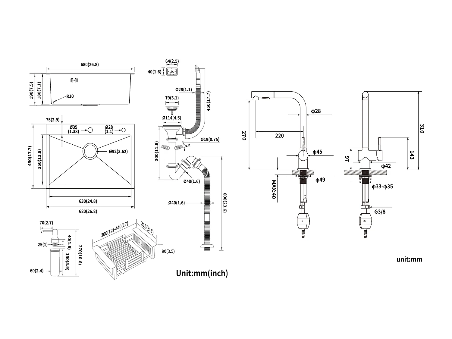 2 en 1 Fregadero de Cocina Negro 68x45x19CM con Distributor de Jabón y Escurridor Cesta + GrifoT de Cocina Negra Ducha Extragible de 2 Jets