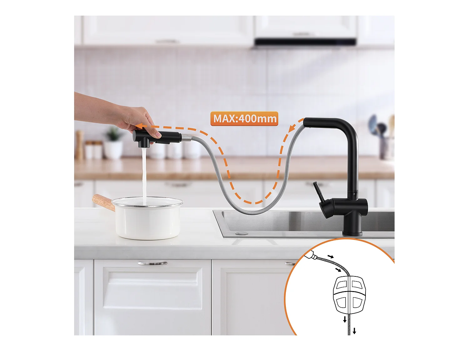 2 en 1 Fregadero de Cocina Negro 68x45x19CM con Distributor de Jabón y Escurridor Cesta + GrifoT de Cocina Negra Ducha Extragible de 2 Jets