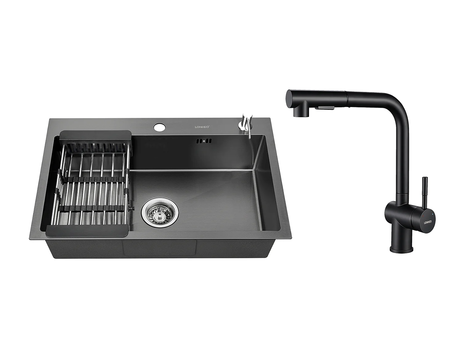 2 en 1 Évier de Cuisine Noir 68x45x19CM avec Distrubuteur de savon et Égouttoir panier + Robinet de Cuisine Noir Douchette Extractible à 2 Jets