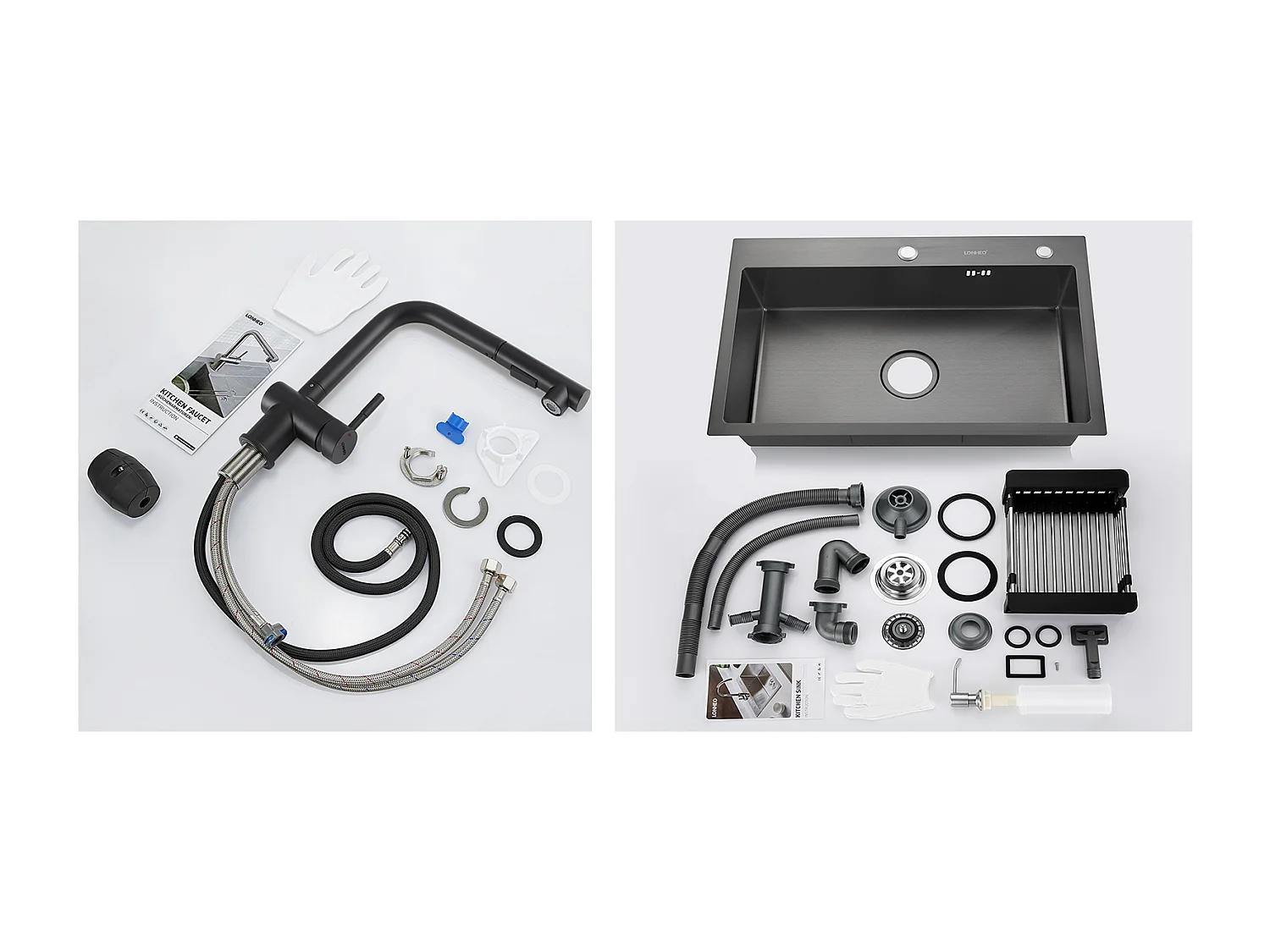 2 en 1 Évier de Cuisine Noir 68x45x19CM avec Distrubuteur de savon et Égouttoir panier + Robinet de Cuisine Noir Douchette Extractible à 2 Jets