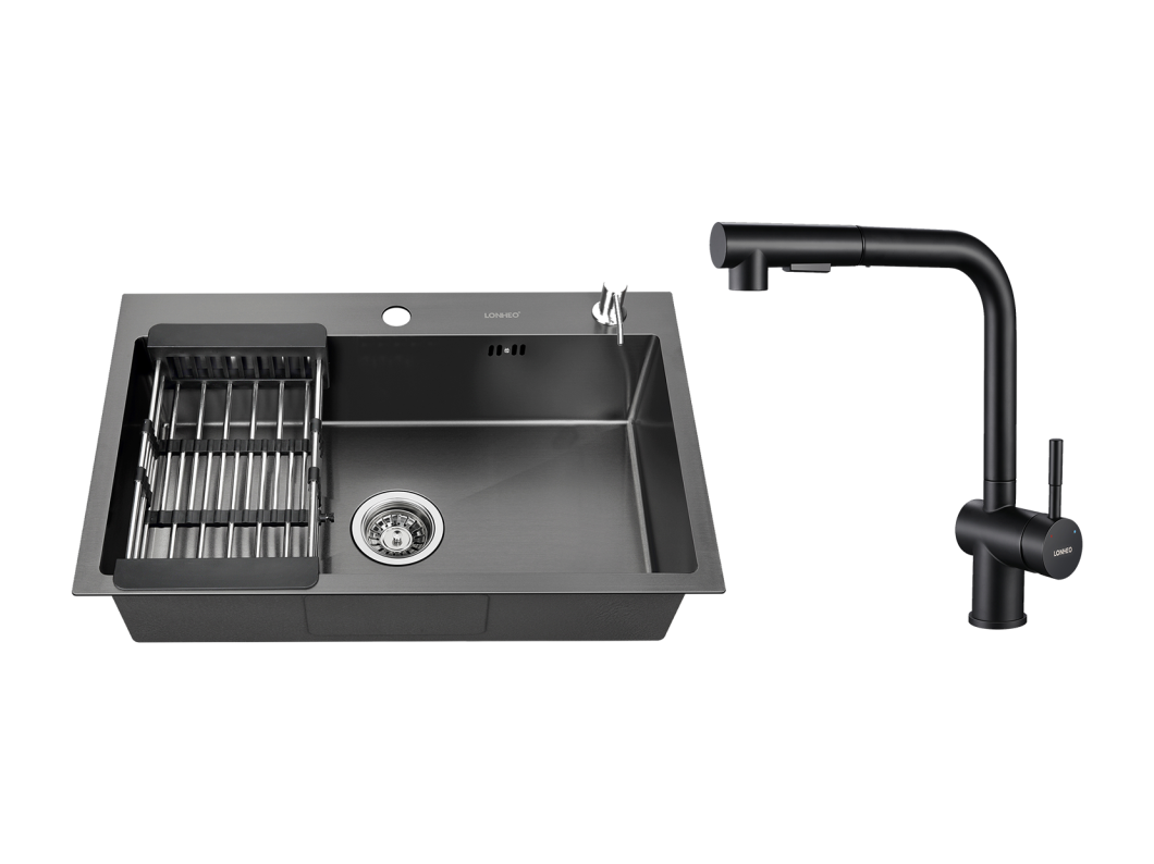 2 in 1 Aanrecht Zwart 68x45x19CM met DiZeep en Afdruiprek Mand + Zwarte Keukenkraan Uittrekbare Handdouche met 2 Stralen