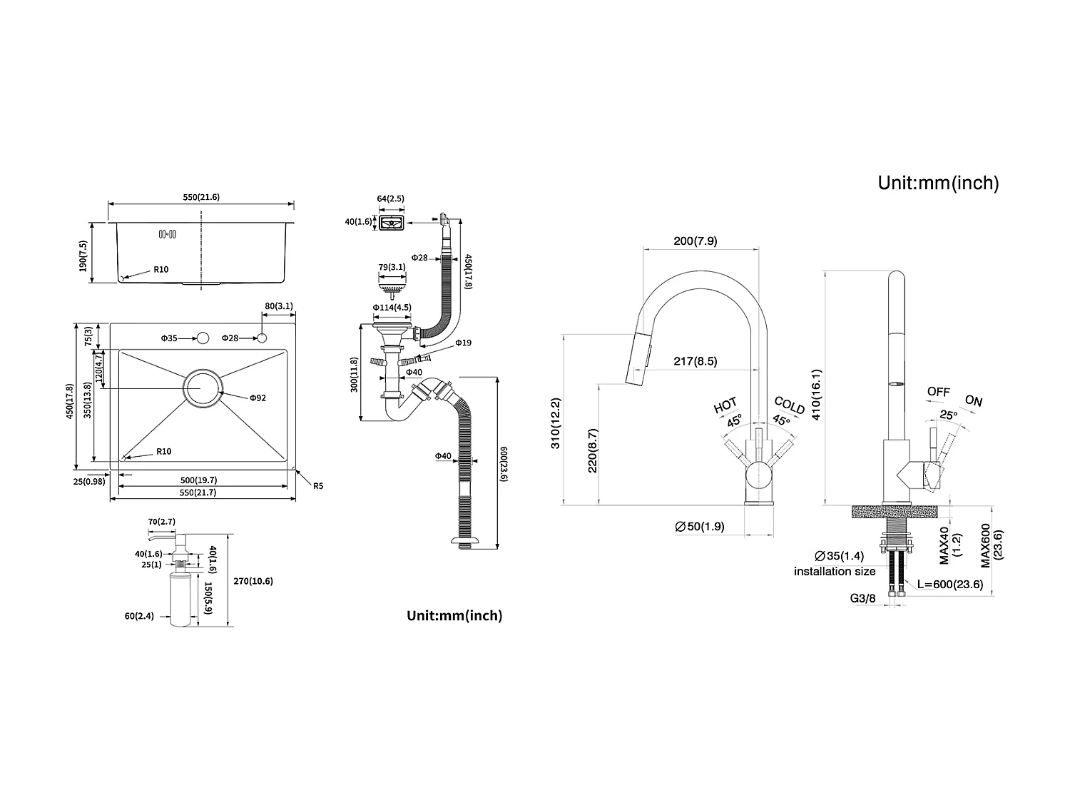 Évier Cuisine 1 Bac 55*45CM Évier Encastré et à Poser avec Distributeur de Savon+Robinet de Cuisine Noir,Extractible Rotatif à 360 °, 2 Foncti