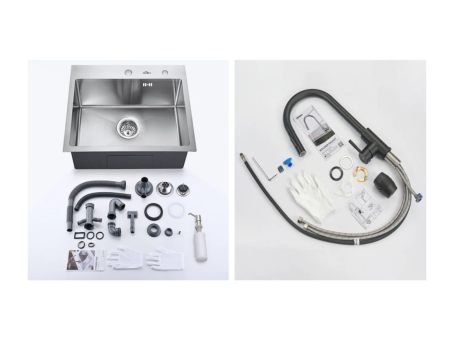 Évier Cuisine 1 Bac 55*45CM Évier Encastré et à Poser avec Distributeur de Savon+Robinet de Cuisine Noir,Extractible Rotatif à 360 °, 2 Foncti