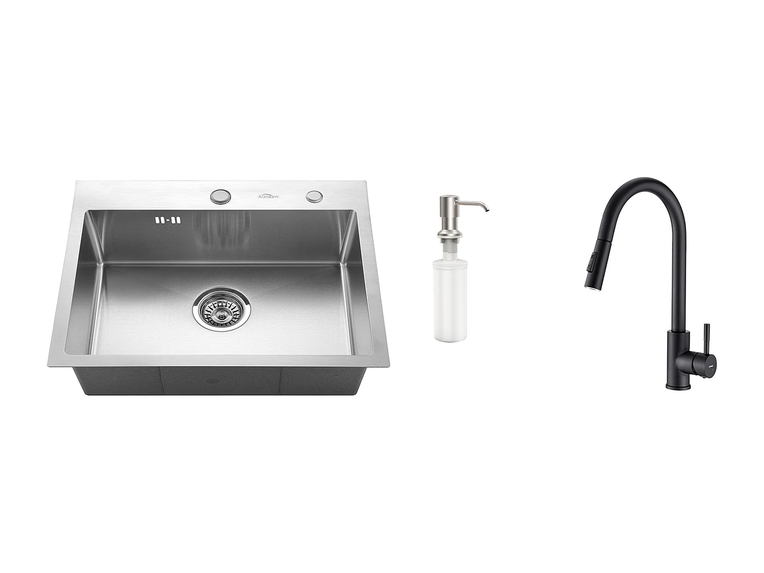 Évier Cuisine 1 Bac 55*45CM Évier Encastré et à Poser avec Distributeur de Savon+Robinet de Cuisine Noir,Extractible Rotatif à 360 °, 2 Foncti