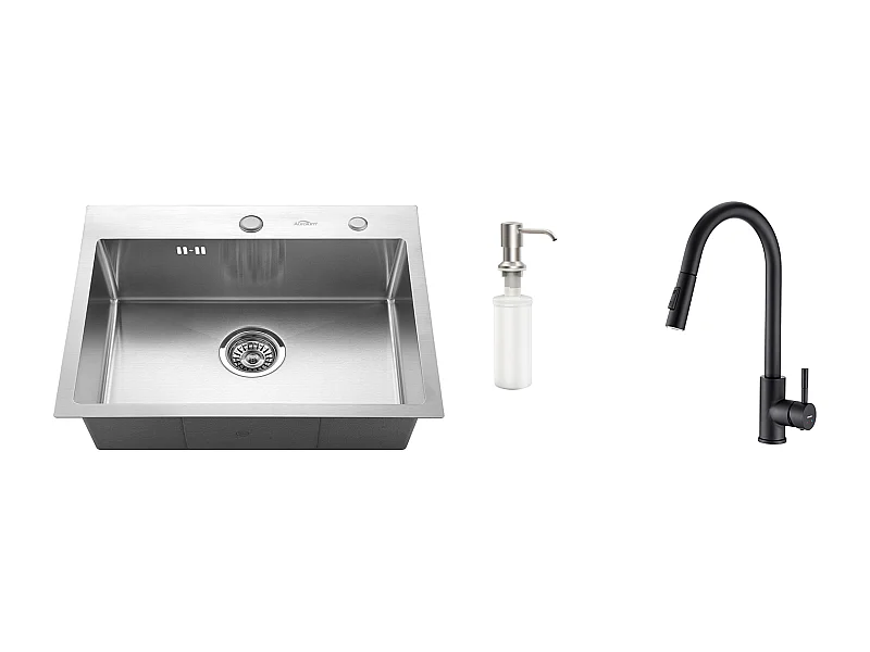 Évier Cuisine 1 Bac 55*45CM Évier Encastré et à Poser avec Distributeur de Savon+Robinet de Cuisine Noir,Extractible Rotatif à 360 °, 2 Foncti