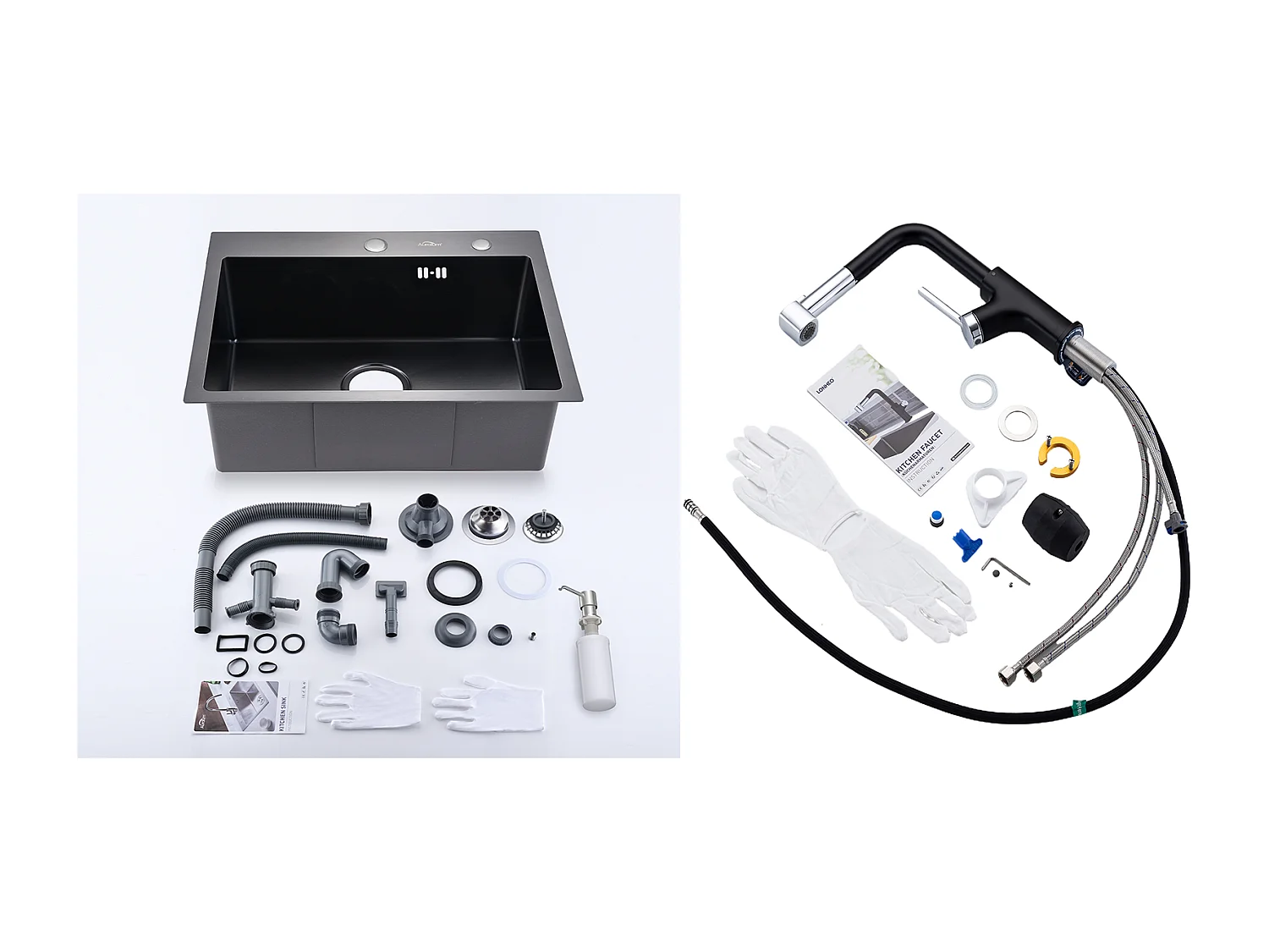 Évier Cuisine 1 Bac 55*45CM Noir+Robinet de Cuisine Inox Extractible Rotatif à 360 °, 2 Fonctions avec Barboteur Démotable