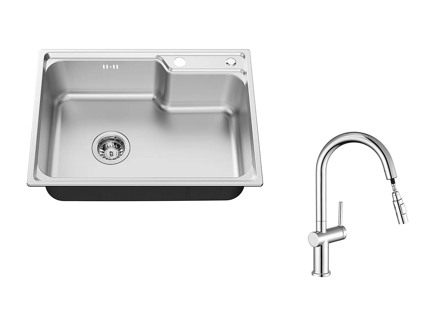 Auralum Max Évier Cuisine 1 Bac 62*45*21CM,en Acier Inoxydable PVD Nano Vasque à Poser,Argent+robinet de cuisine rétractable à deux fonctions,chromé