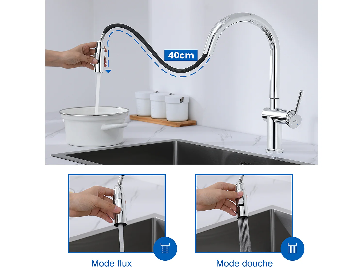 Auralum Max Évier Cuisine 1 Bac 62*45*21CM,en Acier Inoxydable PVD Nano Vasque à Poser,Argent+robinet de cuisine rétractable à deux fonctions,chromé