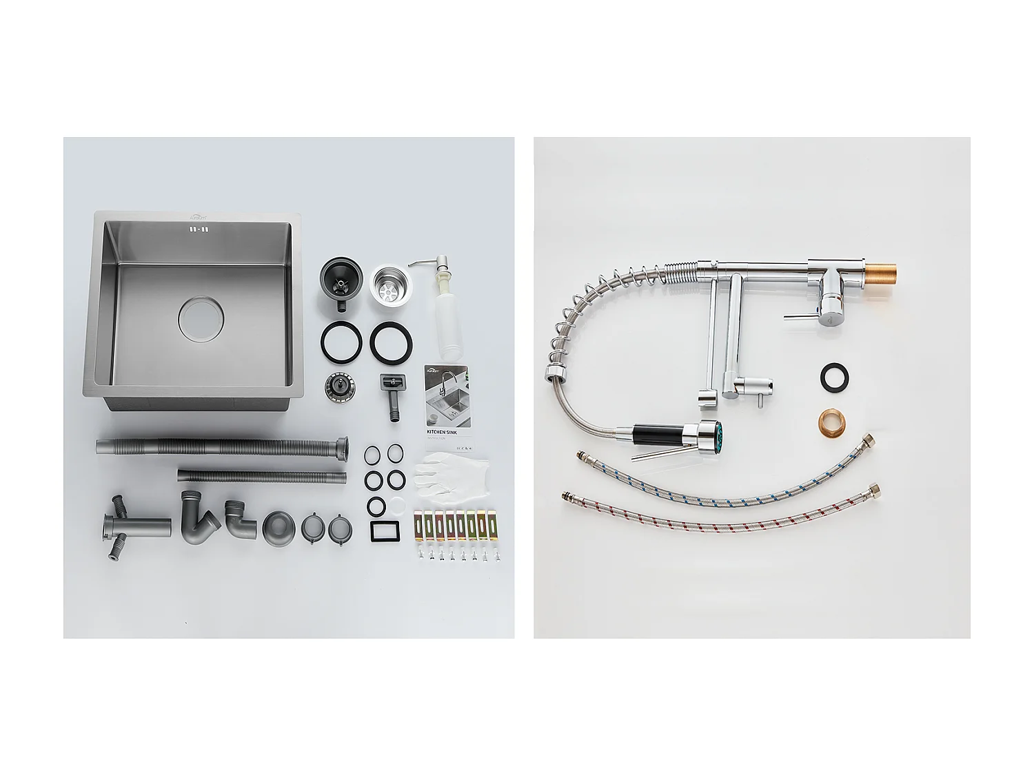 Fregadero de Cocina Inox 1 Bandeja 50*43*18CM con Dispensador de Jabón++Grifo Cocina Rotativo 360° Ducha Extraíble