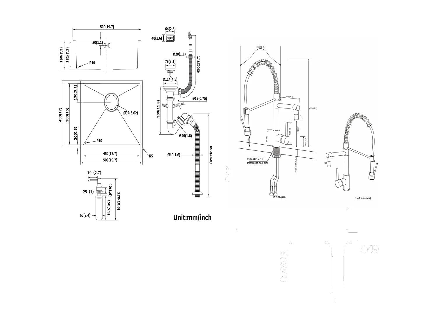 Évier de Cuisine Inox 1 Bac 50*43*18CM avec Distributeur de Savon++Robinet Cuisine Rotatif 360° Douchette Extractible