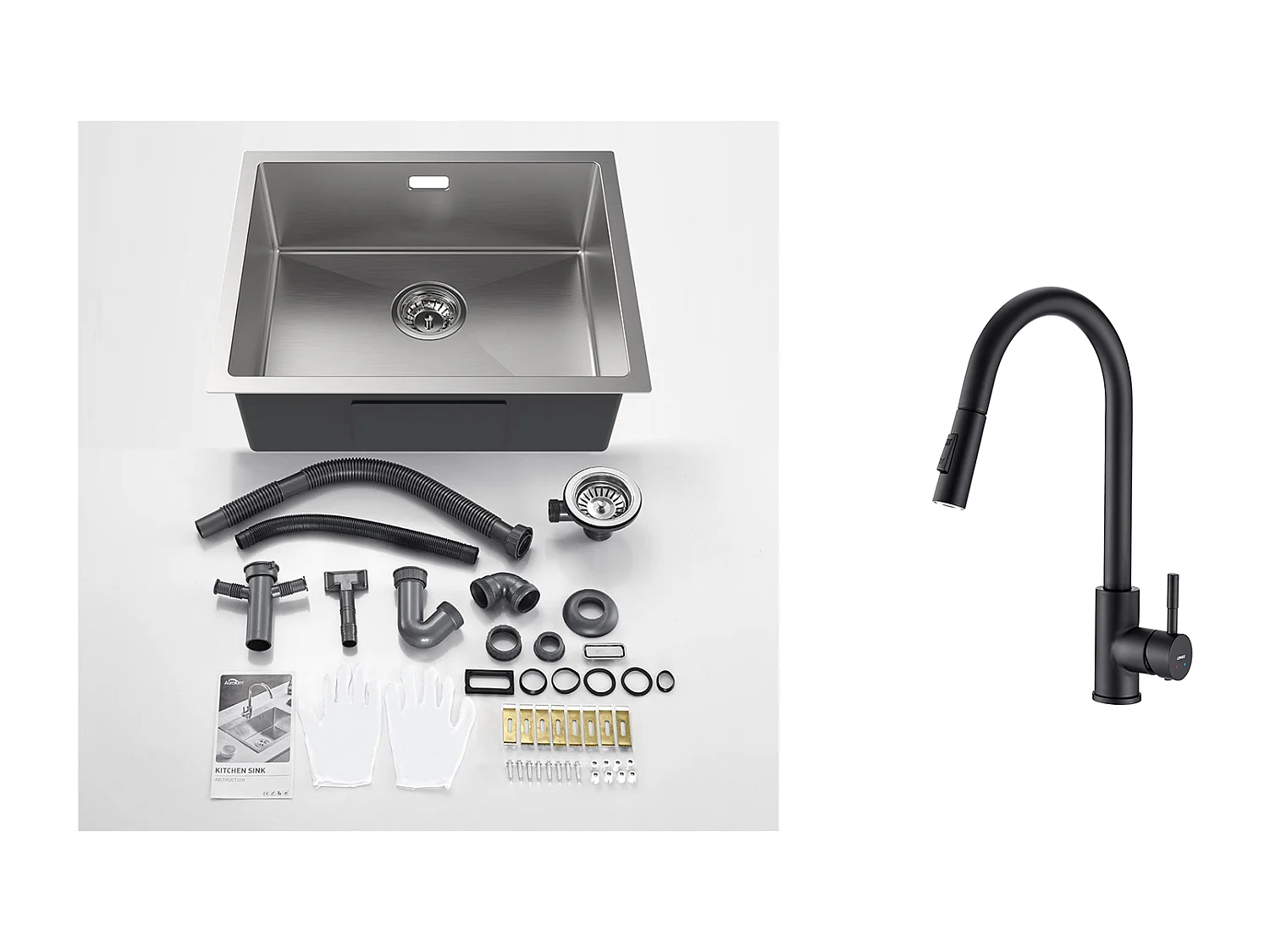 2 en1 Évier Cuisine 1 Bac 55*44*19CM, à Encastrer/Fleur/ Sous-Plan, Brossé+ Robinet Cuisine Noir, Extractible Rotatif à 360 °, 2 Fonctions