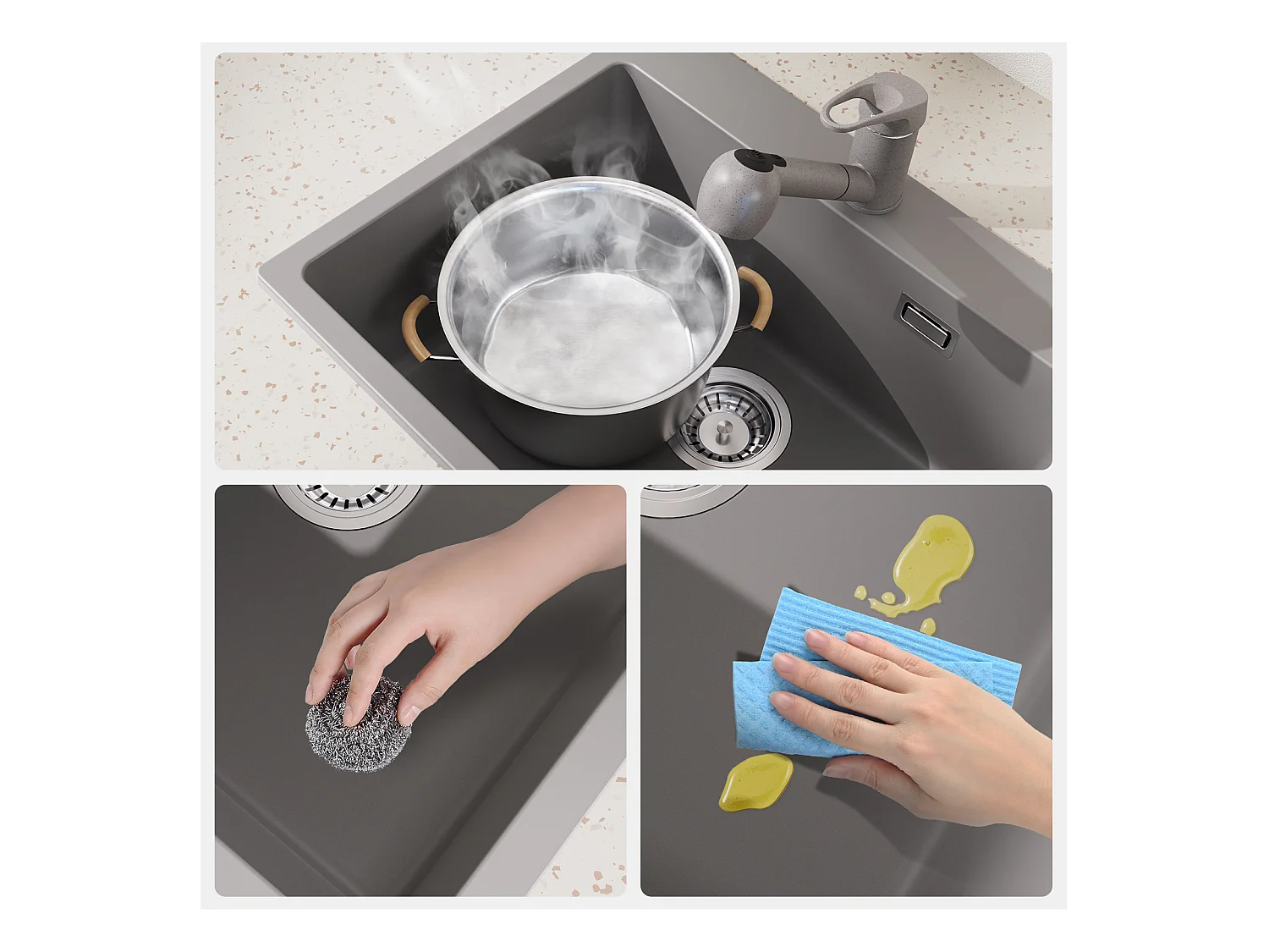 1 Bac Évier Cuisine en Granit,55*45*20cm,Kit de Vidage,Gris+Robinet de Cuisine Noir,  Inox Extractible Rotatif à 360 °, 2 Fonctions