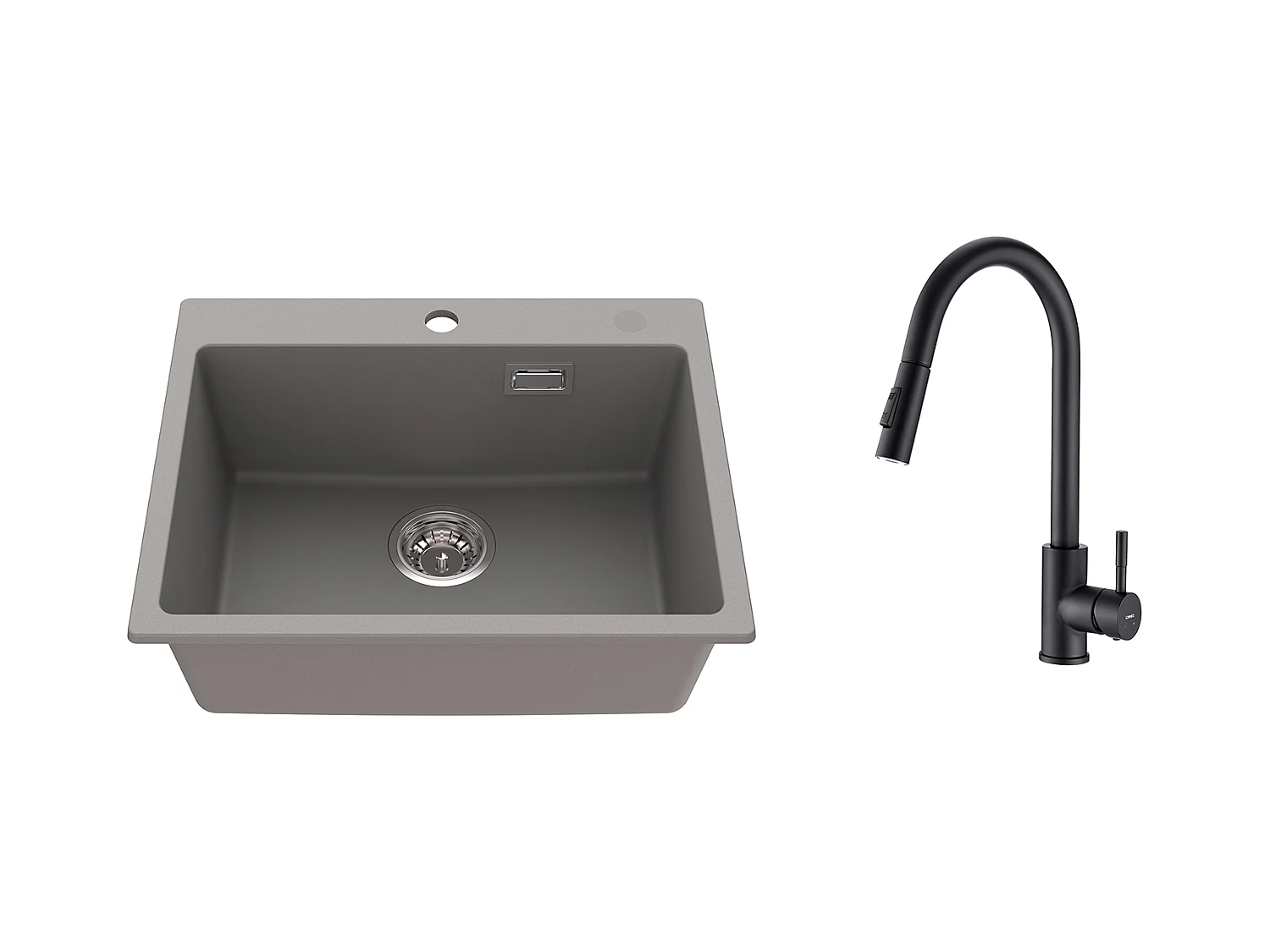 1 Bac Évier Cuisine en Granit,55*45*20cm,Kit de Vidage,Gris+Robinet de Cuisine Noir,  Inox Extractible Rotatif à 360 °, 2 Fonctions