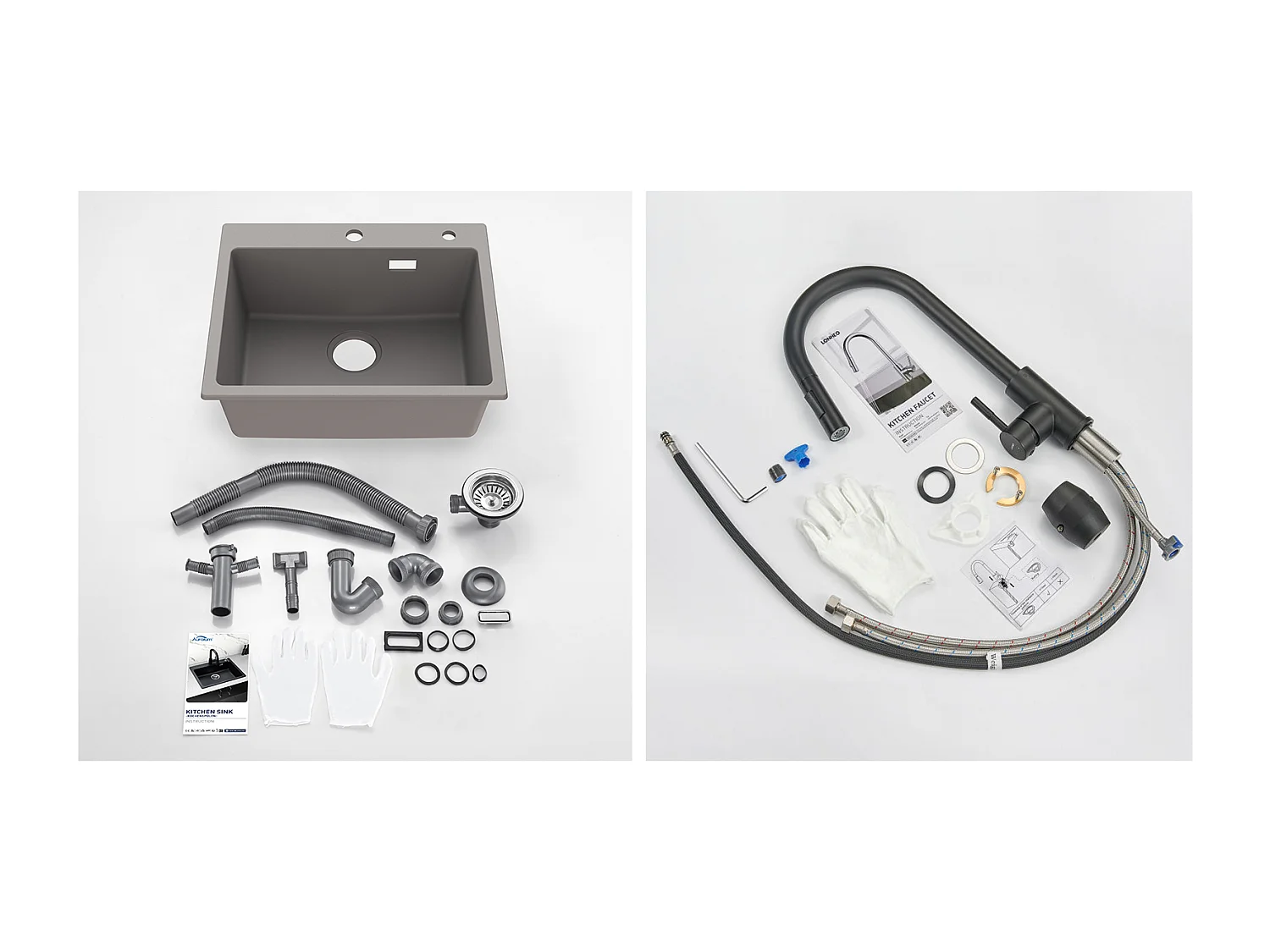 1 Bac Évier Cuisine en Granit,55*45*20cm,Kit de Vidage,Gris+Robinet de Cuisine Noir,  Inox Extractible Rotatif à 360 °, 2 Fonctions