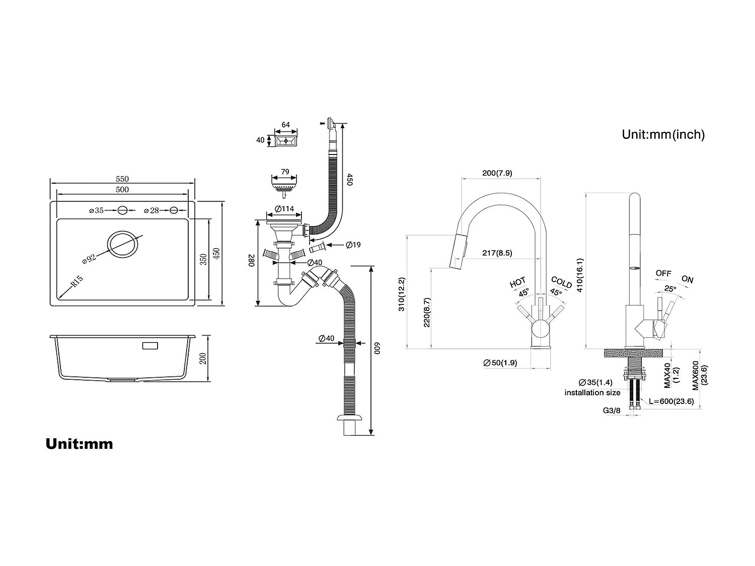 1 Bac Évier Cuisine en Granit,55*45*20cm,Kit de Vidage,Gris+Robinet de Cuisine Noir,  Inox Extractible Rotatif à 360 °, 2 Fonctions