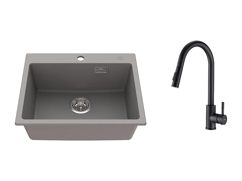 1 Bac Évier Cuisine en Granit,55*45*20cm,Kit de Vidage,Gris+Robinet de Cuisine Noir,  Inox Extractible Rotatif à 360 °, 2 Fonctions