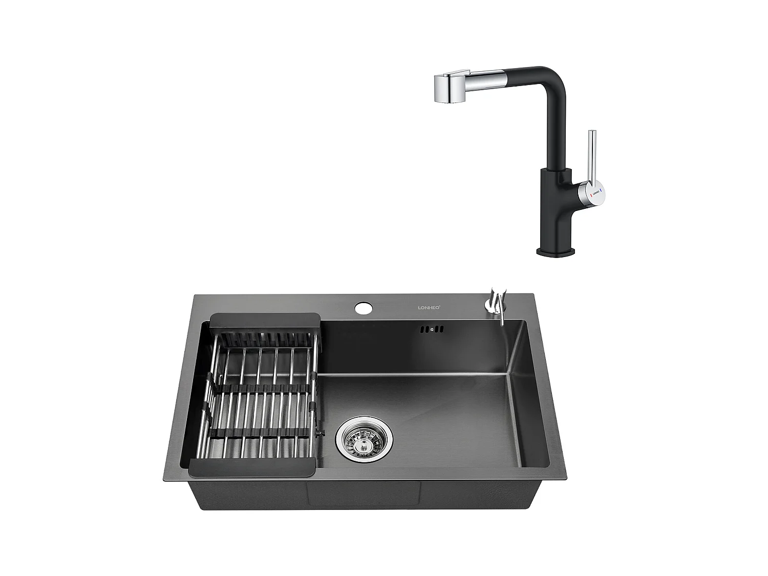 2 en 1 Évier de Cuisine Noir 68x45x19CM  avec Distrubuteur de savon et Égouttoir panier + Robinet de Cuisine Inox Extractible Rotatif à 360 °