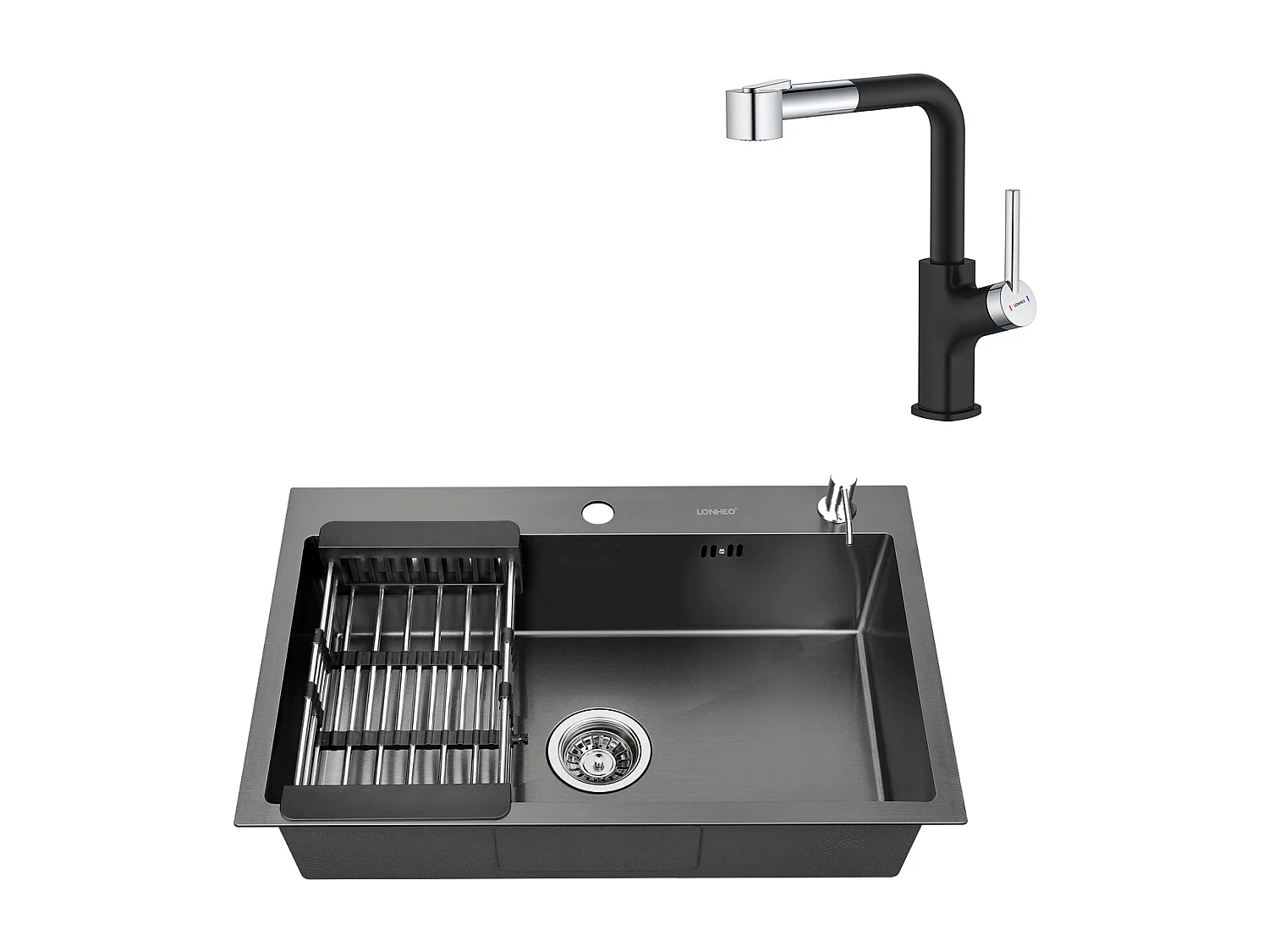 2 en 1 Évier de Cuisine Noir 68x45x19CM  avec Distrubuteur de savon et Égouttoir panier + Robinet de Cuisine Inox Extractible Rotatif à 360 °