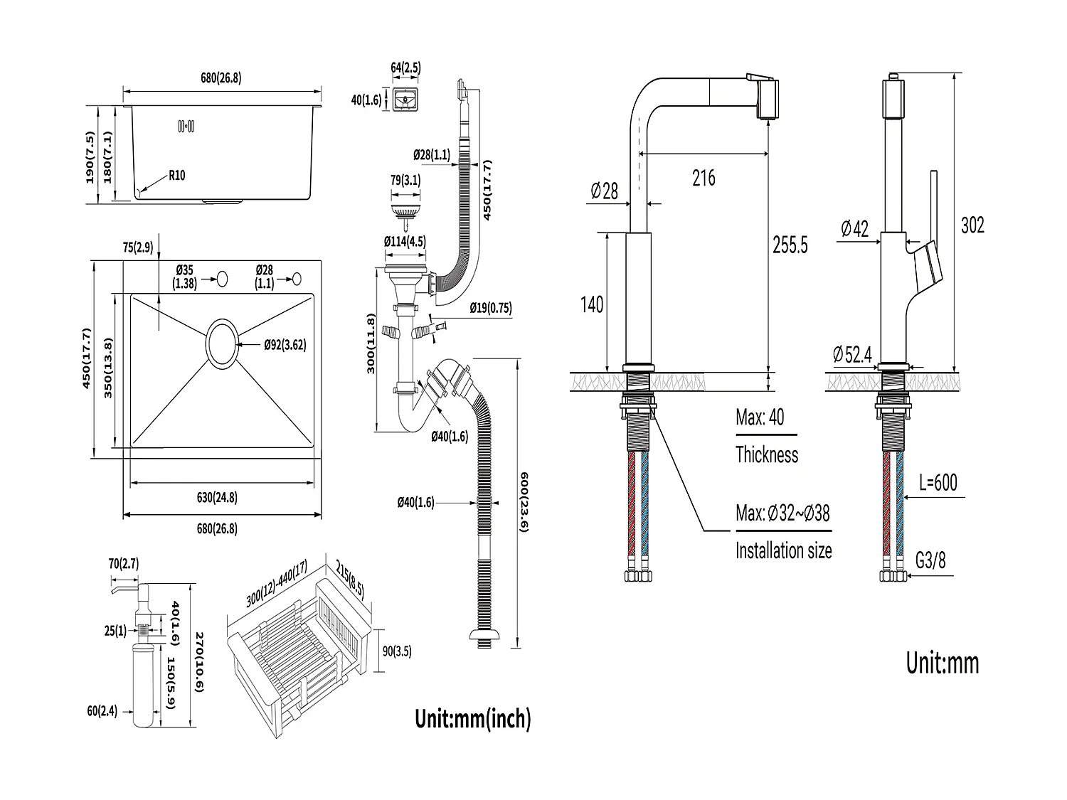 2 en 1 Évier de Cuisine Noir 68x45x19CM  avec Distrubuteur de savon et Égouttoir panier + Robinet de Cuisine Inox Extractible Rotatif à 360 °