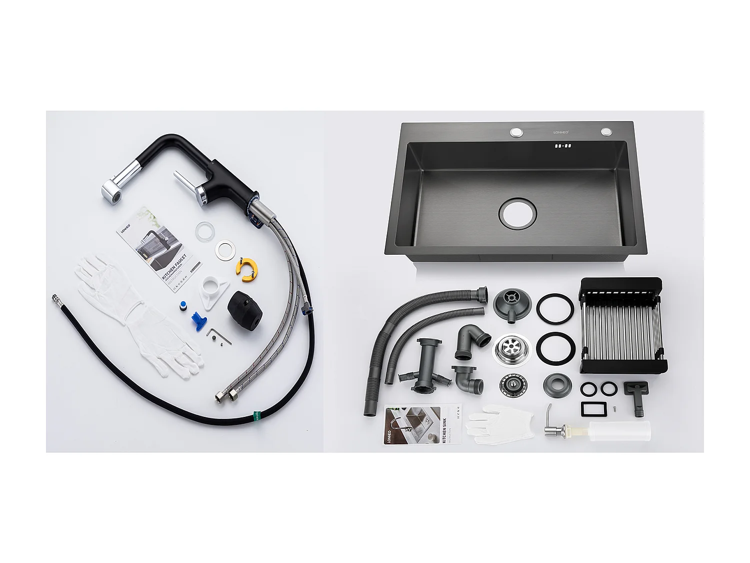 2 en 1 Évier de Cuisine Noir 68x45x19CM  avec Distrubuteur de savon et Égouttoir panier + Robinet de Cuisine Inox Extractible Rotatif à 360 °