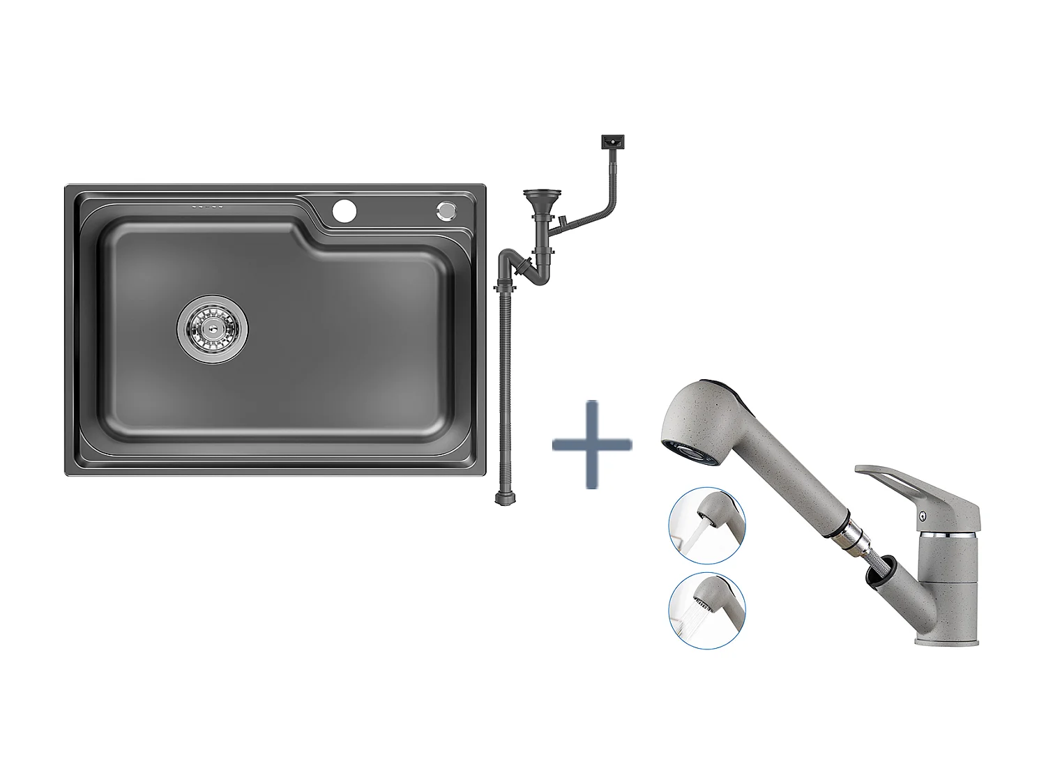 Évier Cuisine 1 Bac 62*45*21CM,en Inox PVD Nano Vasque à Poser,Noir+Robinet Cuisine avec Douchette Extractible 2 Jets,Eau Froide/Chaude,Gris