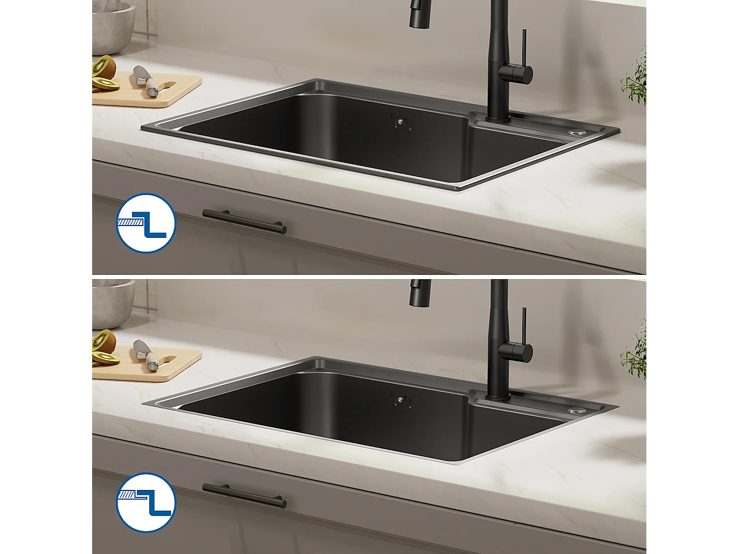 Évier Cuisine 1 Bac 62*45*21CM,en Inox PVD Nano Vasque à Poser,Noir+Robinet Cuisine avec Douchette Extractible 2 Jets,Eau Froide/Chaude,Gris