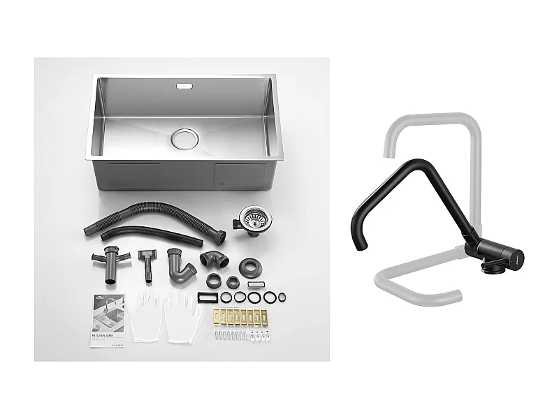 Küchenspüle 1 Becken 74*44*20CM 304 Edelstahl gebürstet Spüle mit Siphon und Überlauf + 360° schwenkbarer Klapp-Küchenarmatur Heißes Kaltes Wasser, Schwarz