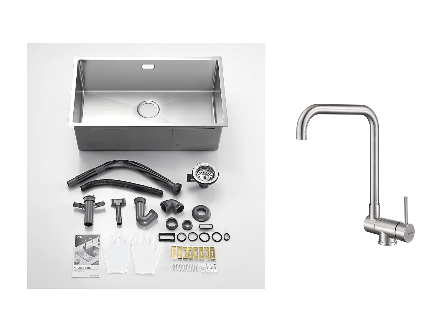 Aanrecht 1 Bak 74*44*20CM 304 RVS Geborstelde Gootsteen aMet Sifon en Over-Vol + Keukenmengkraan Opklapbaar 360° Draaibaar Koud Water Warm