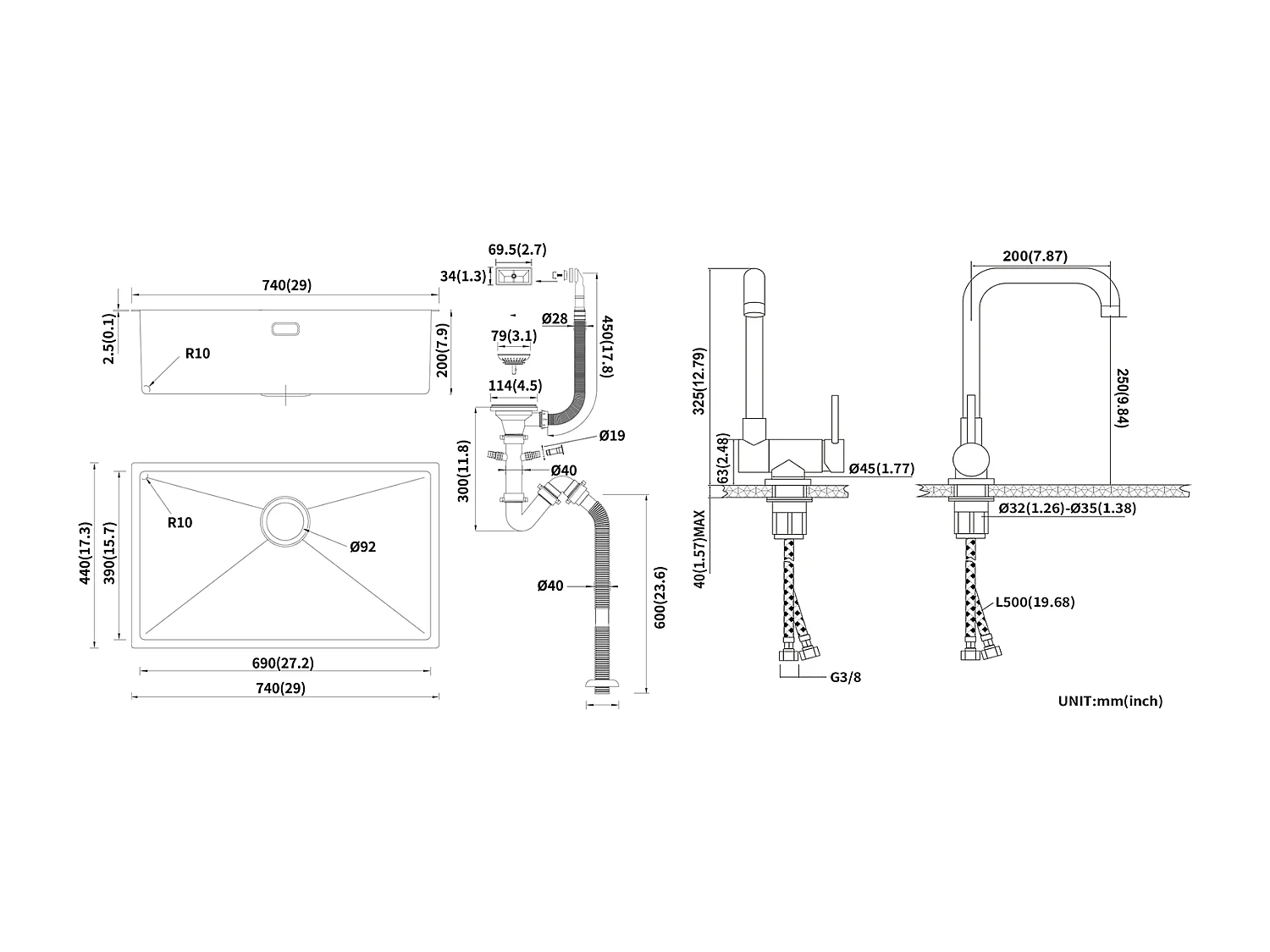 Küchenspüle 1 Becken 74*44*20CM 304 Edelstahl gebürstet Spüle mit Siphon und Überlauf + 360° schwenkbarer Klapp-Küchenmischer Kalt-Warmwasser