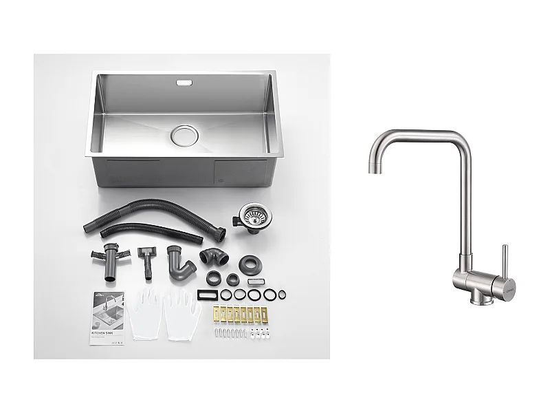 Aanrecht 1 Bak 74*44*20CM 304 RVS Geborstelde Gootsteen aMet Sifon en Over-Vol + Keukenmengkraan Opklapbaar 360° Draaibaar Koud Water Warm