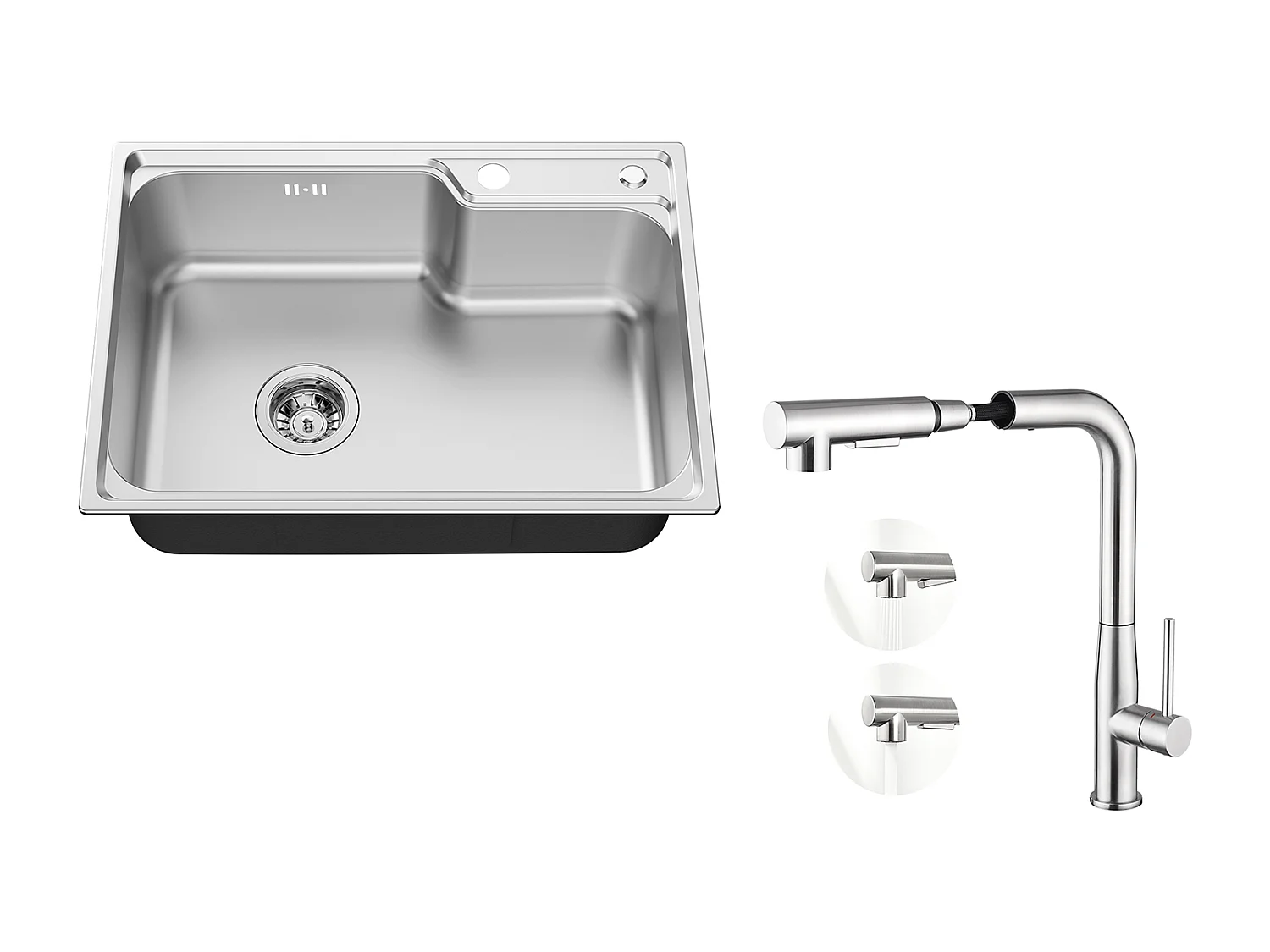 Auralum Max Évier Cuisine 1 Bac 62*45*21CM,en Inox PVD Nano Vasque à Poser,Argent+Mitigeur Cuisine avec Douchette Extractible Rotatif 360°