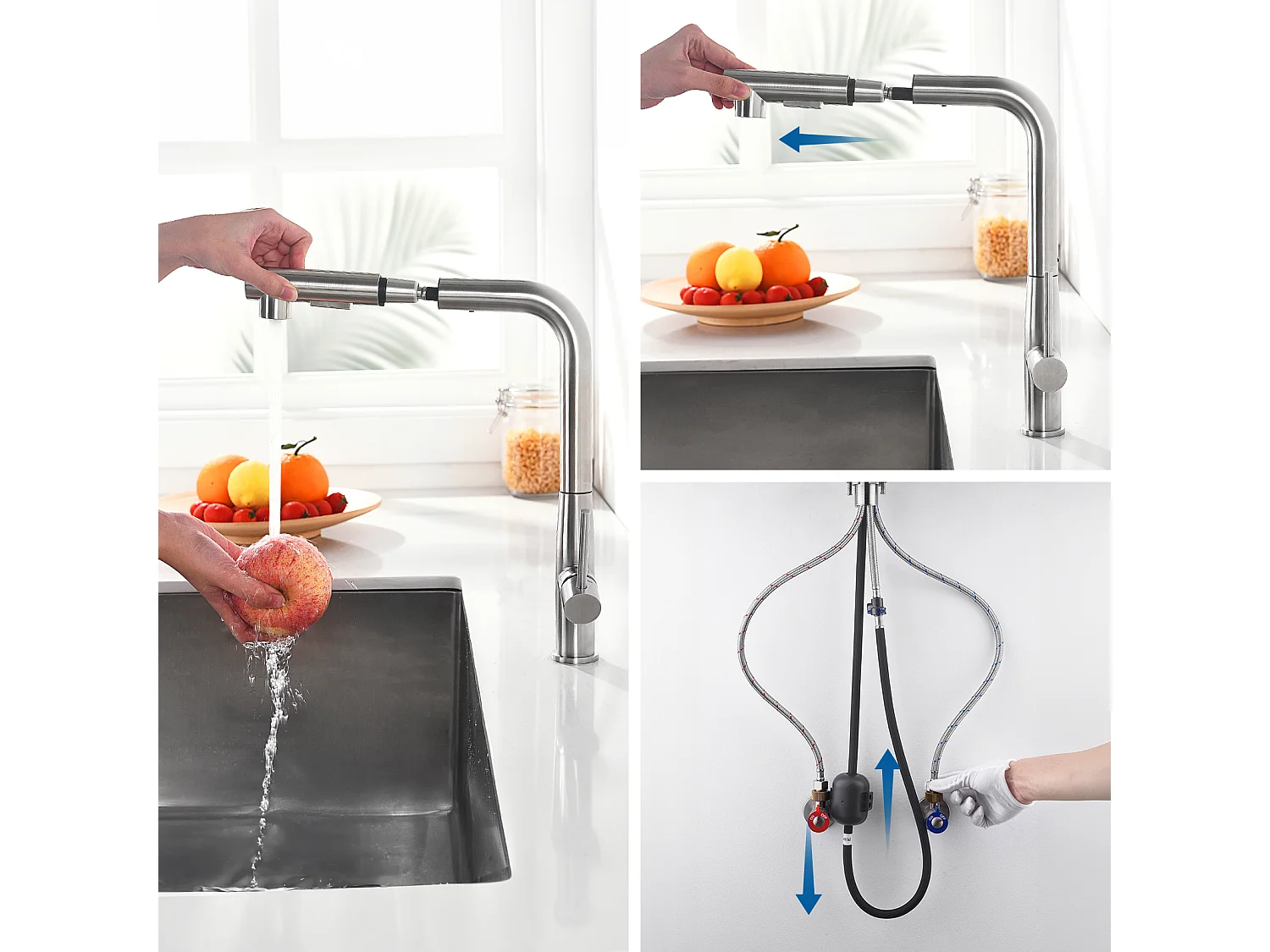 Auralum Max Évier Cuisine 1 Bac 62*45*21CM,en Inox PVD Nano Vasque à Poser,Argent+Mitigeur Cuisine avec Douchette Extractible Rotatif 360°