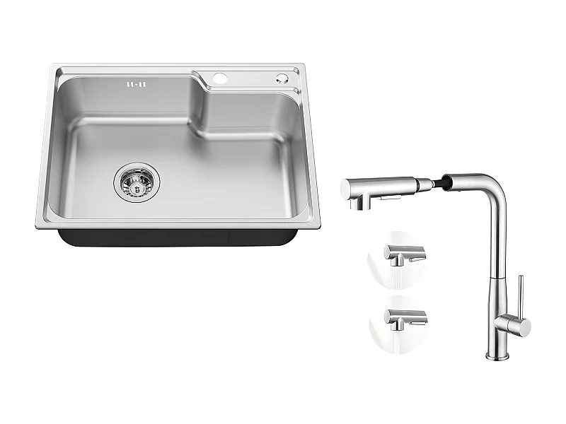 Auralum Max Évier Cuisine 1 Bac 62*45*21CM,en Inox PVD Nano Vasque à Poser,Argent+Mitigeur Cuisine avec Douchette Extractible Rotatif 360°