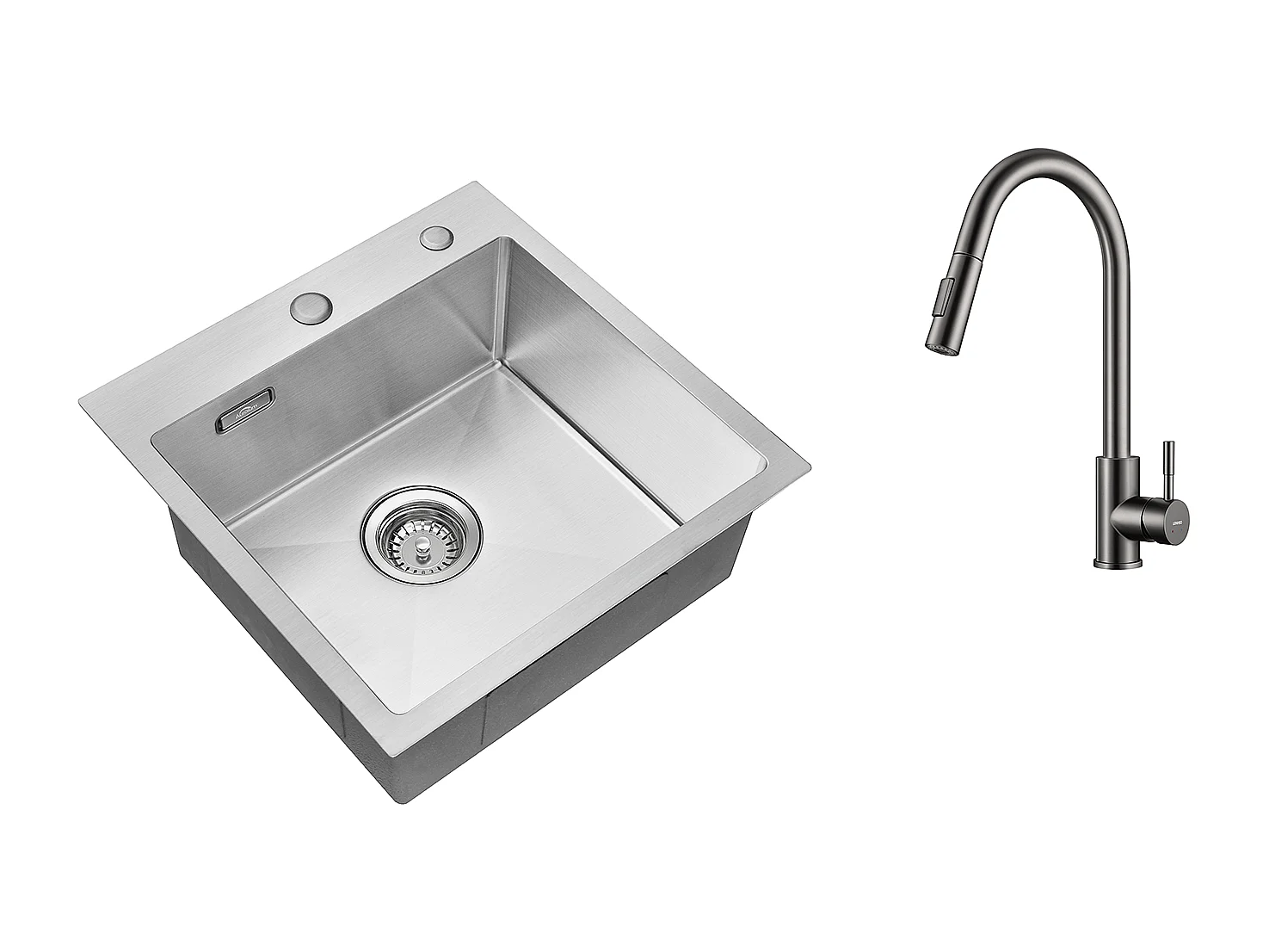 Évier Cuisine 1 Bac 45x45CM Acier Inoxydable 304 ,encastré et à Poser+Robinet Cuisine Douchette Extractible Gris Foncé Rotatif 360 °