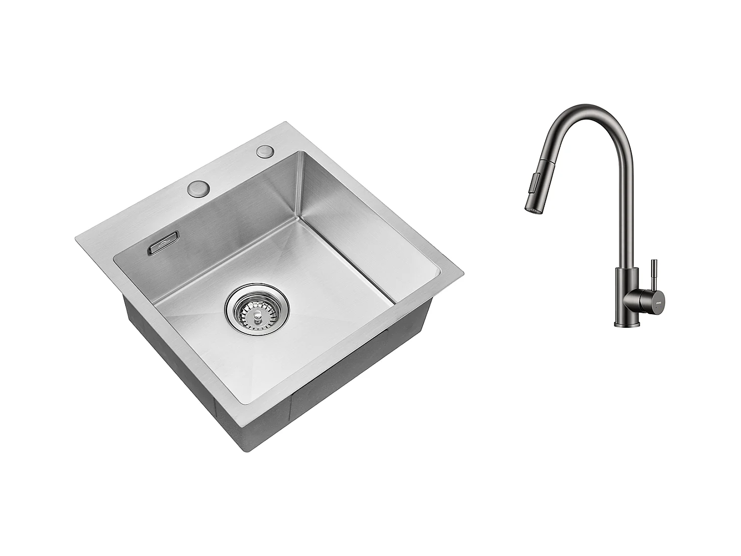 Évier Cuisine 1 Bac 45x45CM Acier Inoxydable 304 ,encastré et à Poser+Robinet Cuisine Douchette Extractible Gris Foncé Rotatif 360 °