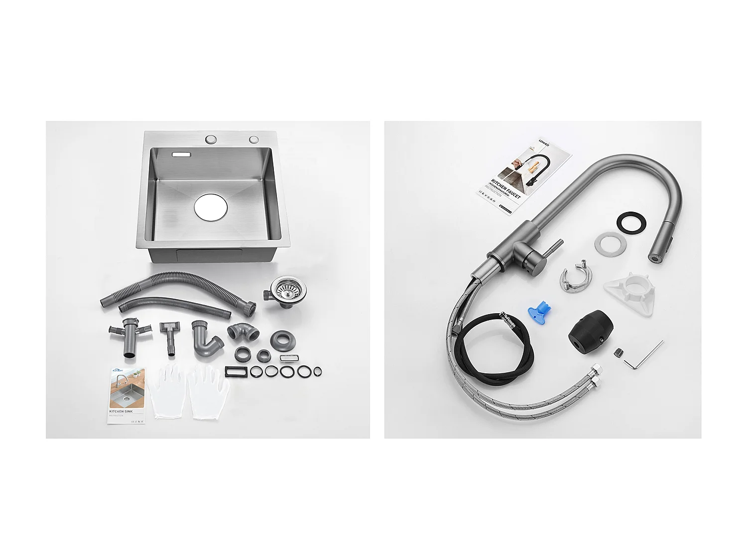 Évier Cuisine 1 Bac 45x45CM Acier Inoxydable 304 ,encastré et à Poser+Robinet Cuisine Douchette Extractible Gris Foncé Rotatif 360 °