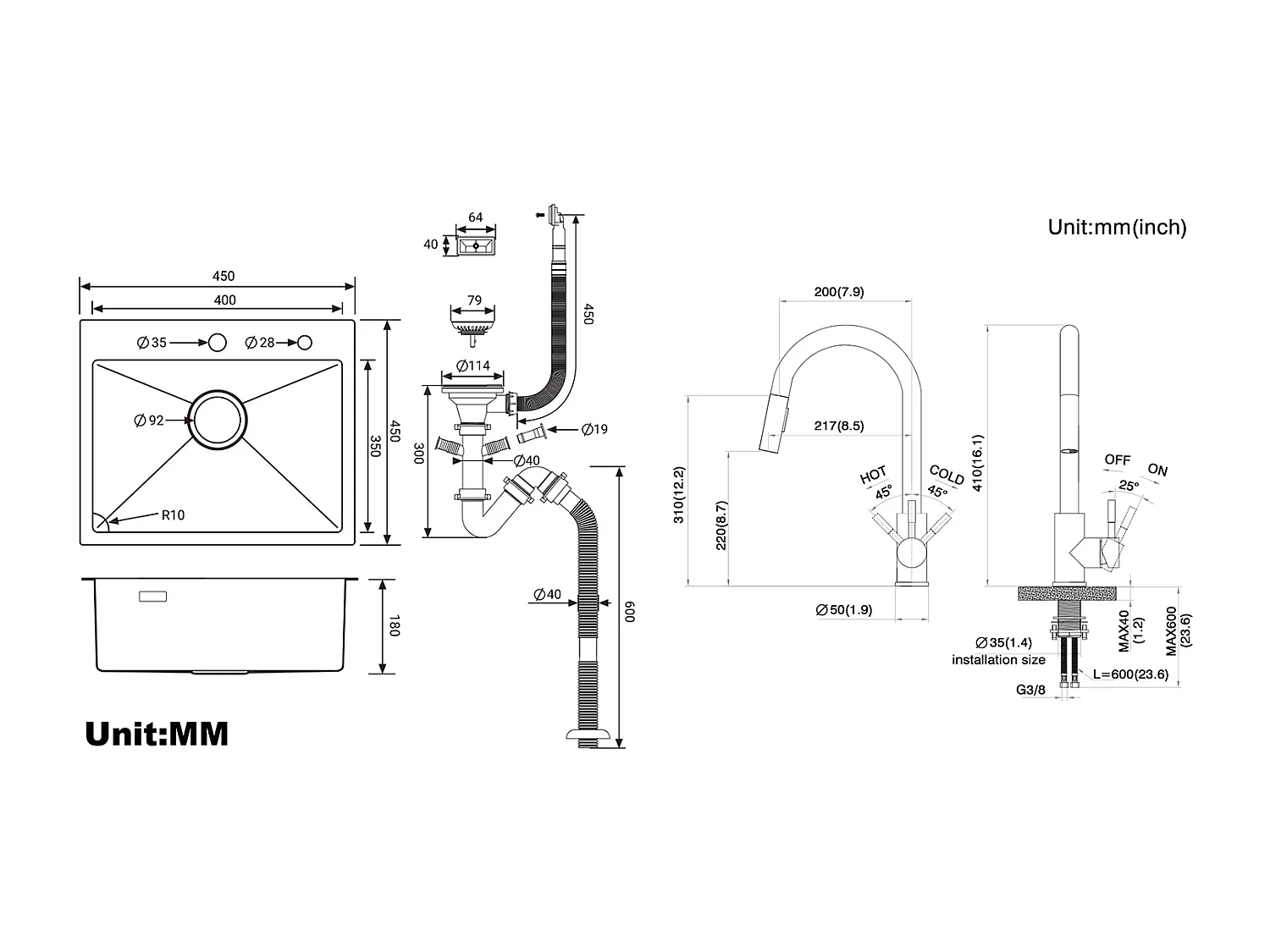 Évier Cuisine 1 Bac 45x45CM Acier Inoxydable 304 ,encastré et à Poser+Robinet Cuisine Douchette Extractible Gris Foncé Rotatif 360 °
