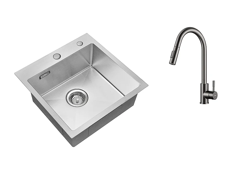 Aanrecht 1 Bak 45x45CM RVS 304 , Inbouw en Opzetbaar + Keukenkraan Uittrekbare Handdouche Donkergrijs 360 ° Draaibaar