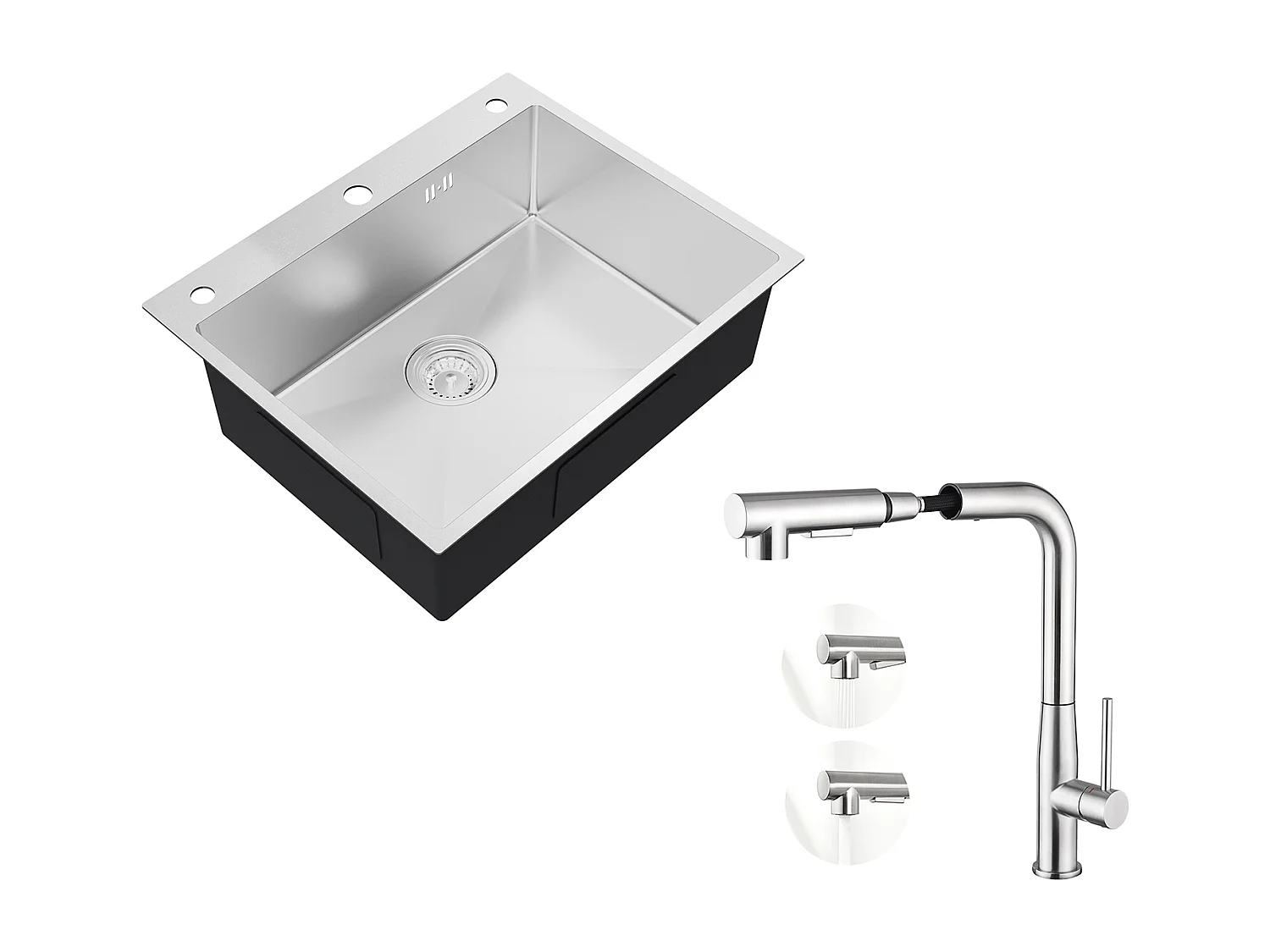 Auralum mAx Inbouw Aanrecht Keuken,1 Bak,60*49*20CM,304 RVS Gootsteen,Zilver+Mengkraan Keuken met 360° Draaibare Uittrekbare Handdouche