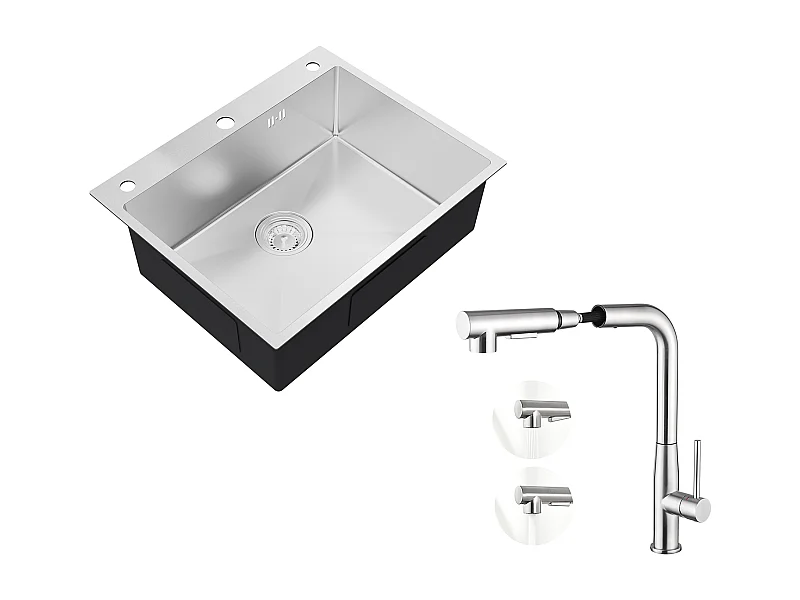 Auralum mAx Inbouw Aanrecht Keuken,1 Bak,60*49*20CM,304 RVS Gootsteen,Zilver+Mengkraan Keuken met 360° Draaibare Uittrekbare Handdouche