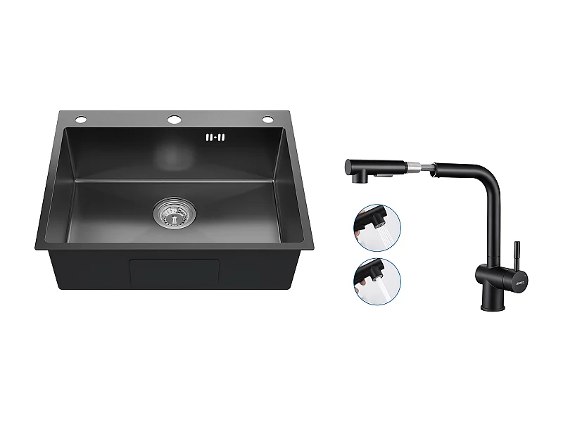 Auralum max Évier Cuisine à Encastrer,1 Bac,60*49*20CM,Acier inoxydable 304,Noir+Robinet Cuisine Douchette Extractible Deux Jets Pivotant 360°,Noir