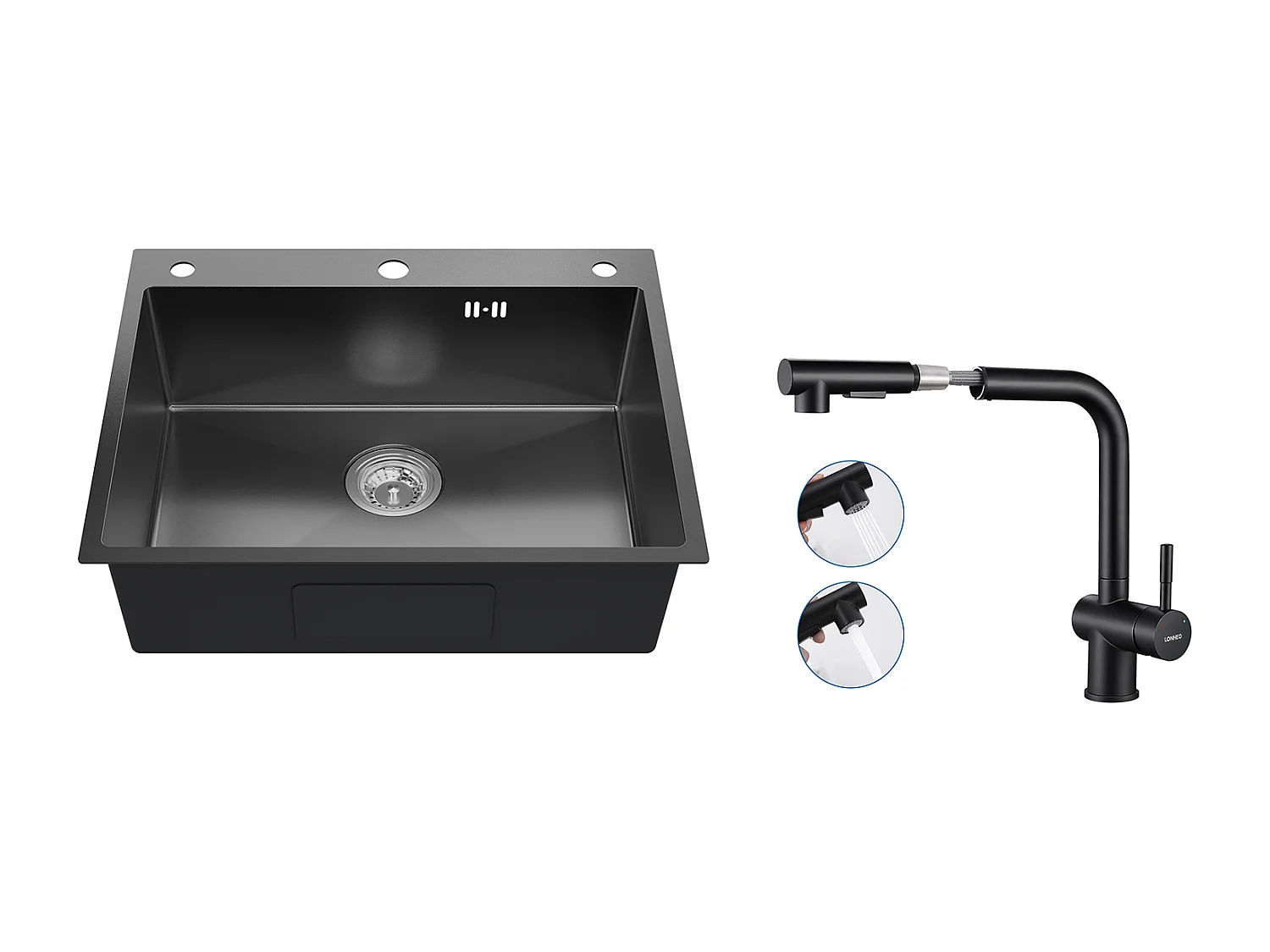 Auralum max Évier Cuisine à Encastrer,1 Bac,60*49*20CM,Acier inoxydable 304,Noir+Robinet Cuisine Douchette Extractible Deux Jets Pivotant 360°,Noir