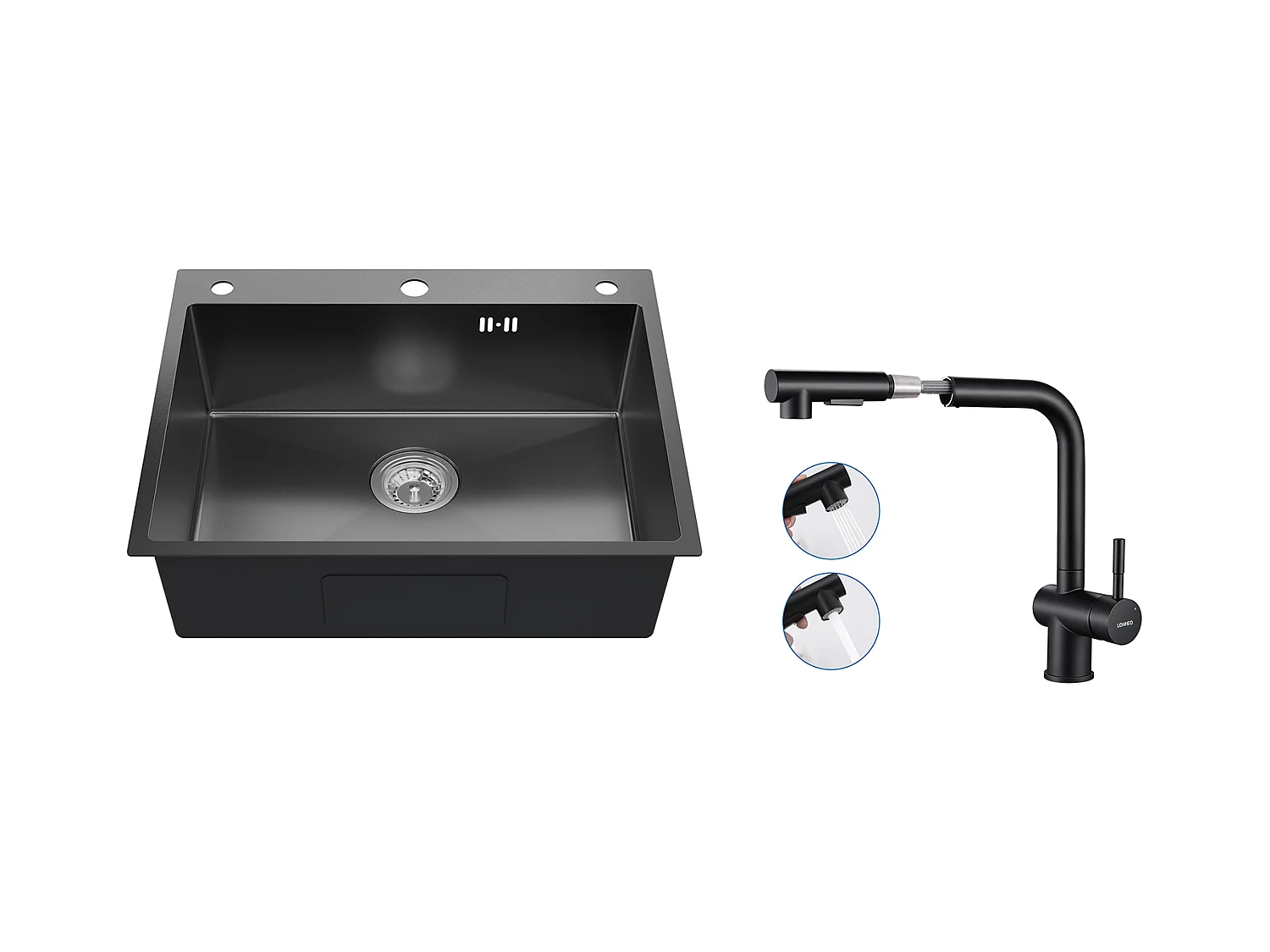Auralum max Évier Cuisine à Encastrer,1 Bac,60*49*20CM,Acier inoxydable 304,Noir+Robinet Cuisine Douchette Extractible Deux Jets Pivotant 360°,Noir