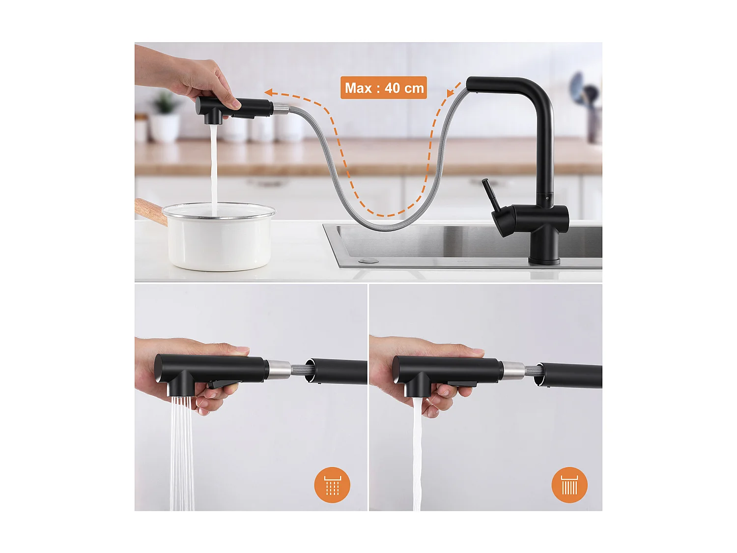 Auralum max Évier Cuisine à Encastrer,1 Bac,60*49*20CM,Acier inoxydable 304,Noir+Robinet Cuisine Douchette Extractible Deux Jets Pivotant 360°,Noir