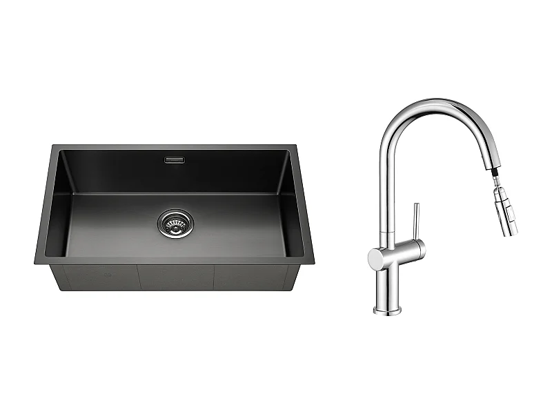 Lavello Cucina 1 Vassoio 74*44*20CM, in Acciaio Inox Spazzolato con Sifone/Troppo pieno+rubinetto da cucina retrattile a due funzioni,cromato