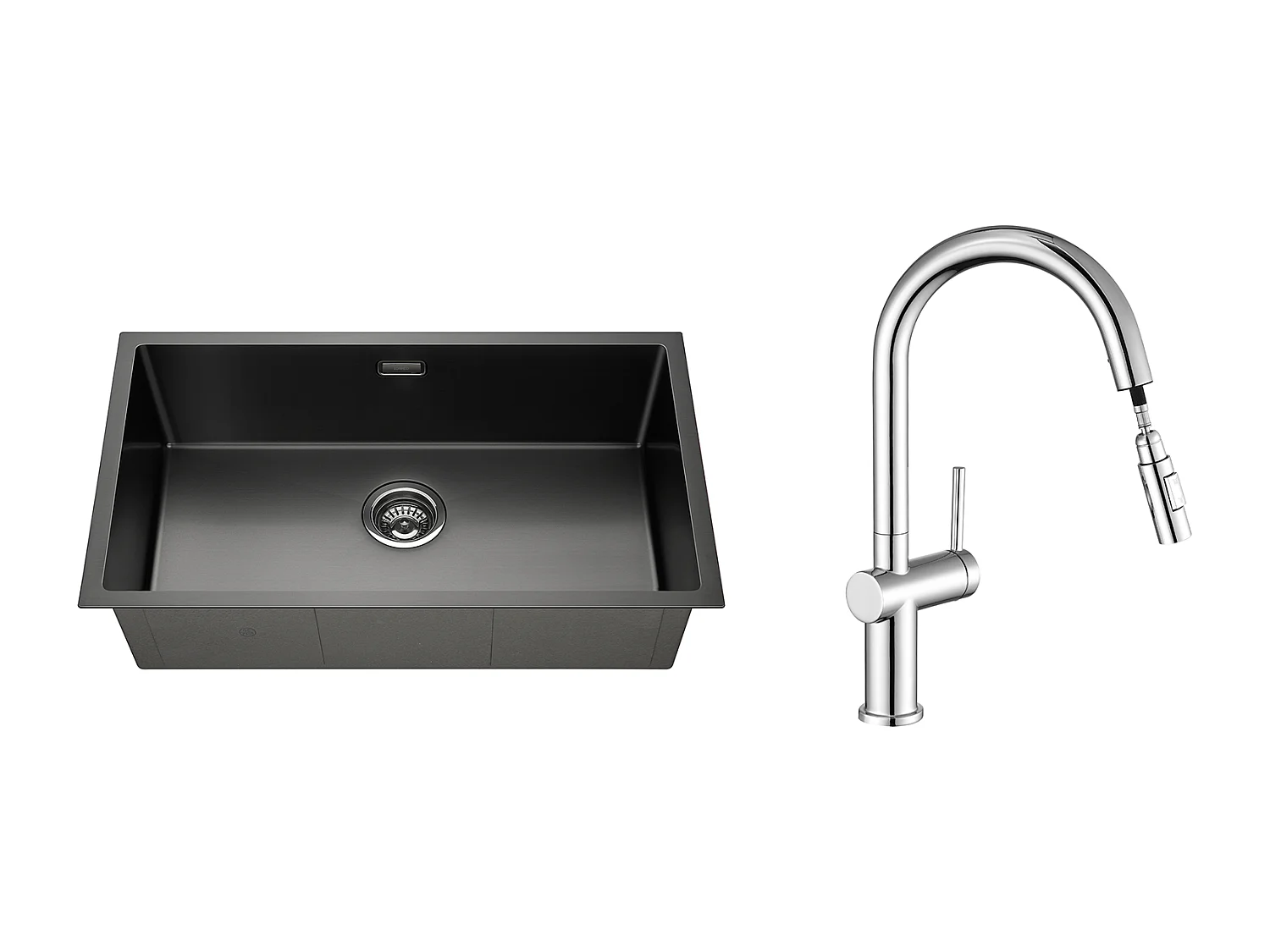 Évier Cuisine 1 Bac 74*44*20CM,en Inox Brossé avec Siphon et Trop-Plein+robinet de cuisine rétractable à deux fonctions, chromé