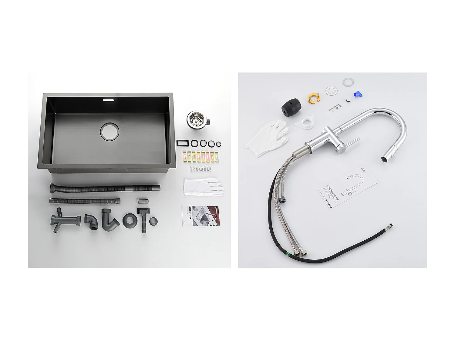 Évier Cuisine 1 Bac 74*44*20CM,en Inox Brossé avec Siphon et Trop-Plein+robinet de cuisine rétractable à deux fonctions, chromé