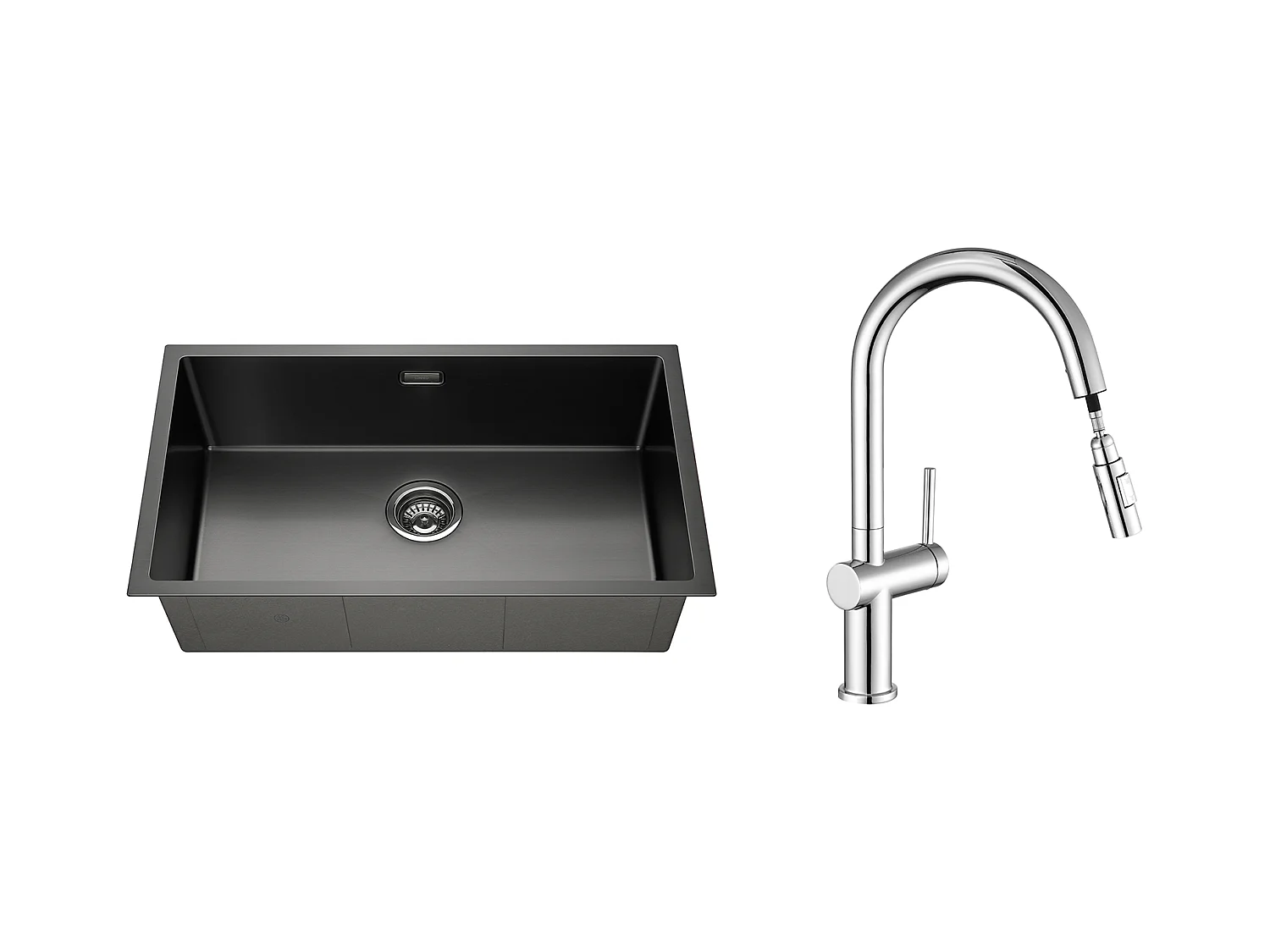 Évier Cuisine 1 Bac 74*44*20CM,en Inox Brossé avec Siphon et Trop-Plein+robinet de cuisine rétractable à deux fonctions, chromé