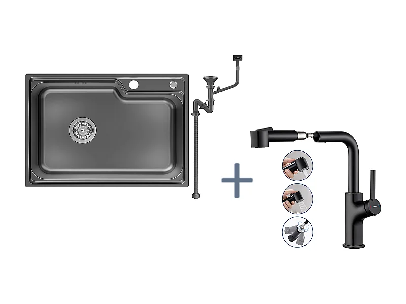 Auralum Max Évier Cuisine 1 Bac 62*45*21CM,en Inox PVD Nano Vasque à Poser,Noir+Robinet de Cuisine Noir avec Douchette Extractible,Deux Jets